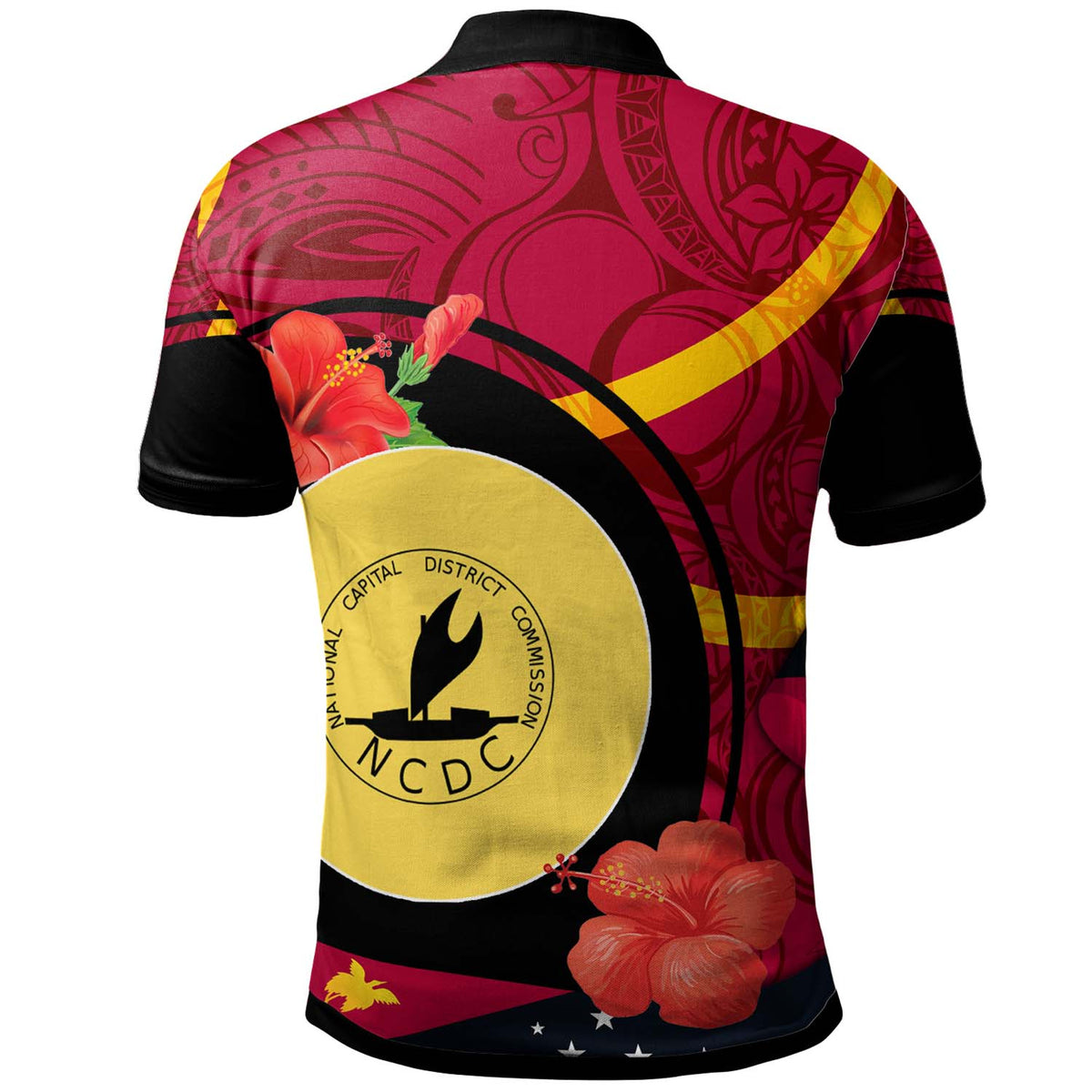 Papua New Guinea Polo Shirt National Capital District Flag of PNG with Hibicus and Polynesian Culture Polo Shirt - Polynesian Pride