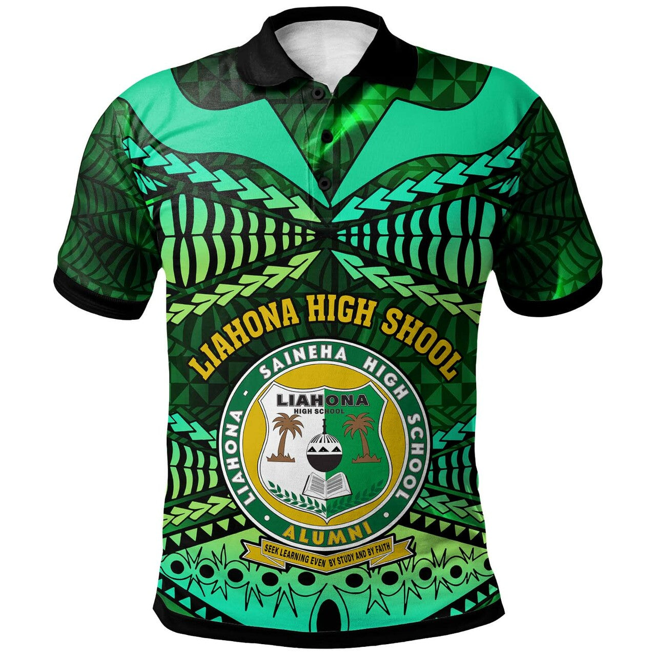 Tonga Custom Polo Shirt Liahona High Shool with Tonga Patterns with Green Effect LT10 Green - Polynesian Pride