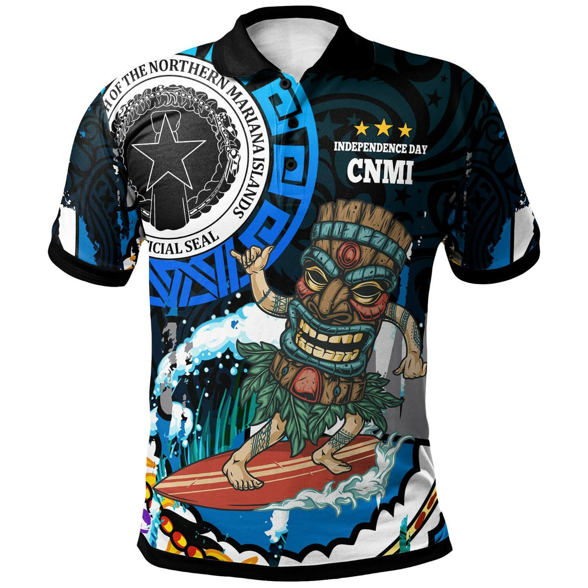 Northern Mariana Islands Polo Shirt CNMI Polynesian Culture with Tiki Surf Style LT10 Black - Polynesian Pride