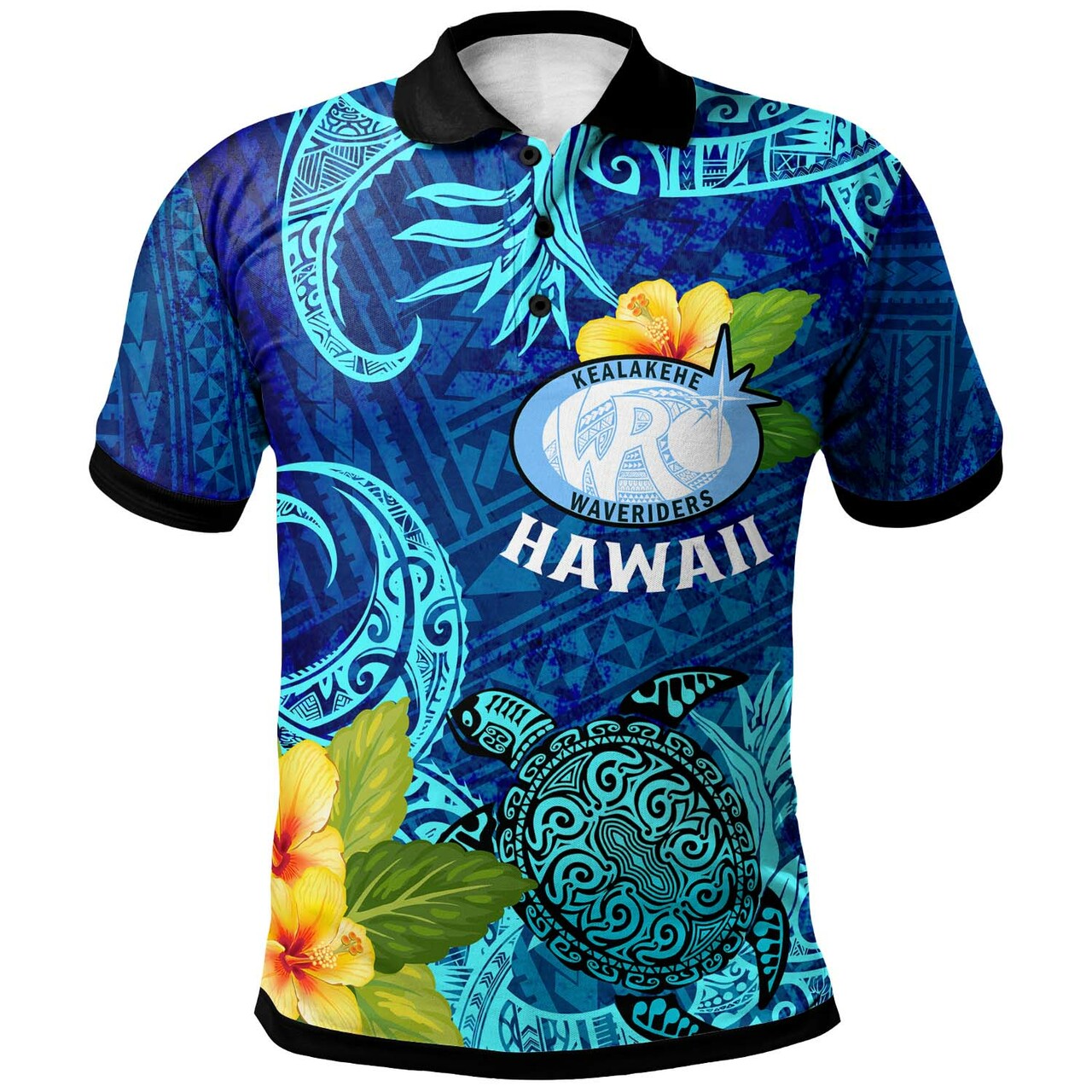 Hawaii Custom Polo Shirt Kealakehe High School with Polynesian Patterns and Hibicus Flower LT10 Blue - Polynesian Pride