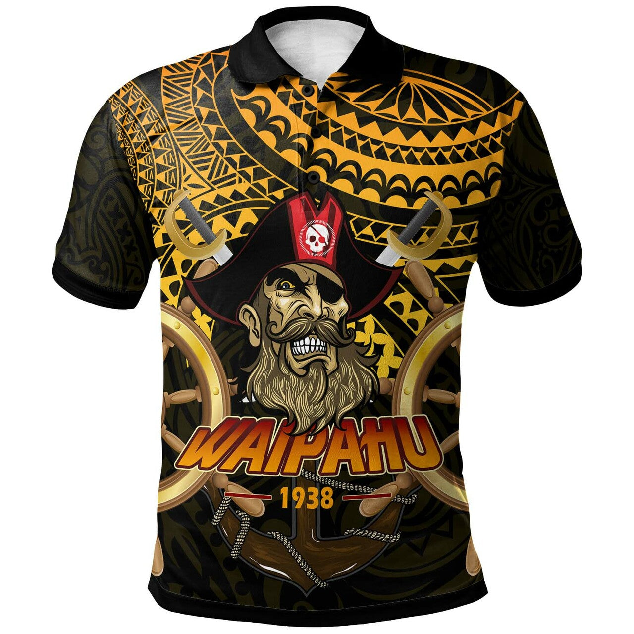 Hawaii Custom Polo Shirt Waipahu High School Marauders Pirates Polynesian Tribal Pattern LT10 Gold - Polynesian Pride