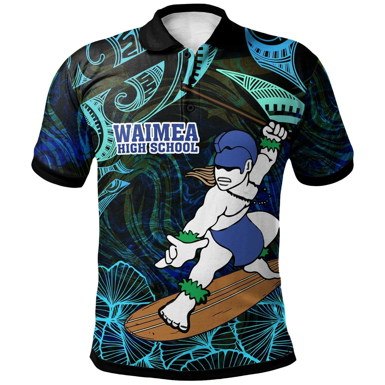 Hawaii Custom Polo Shirt Waimea High School Surfer Polynesian Pattern LT10 Blue - Polynesian Pride