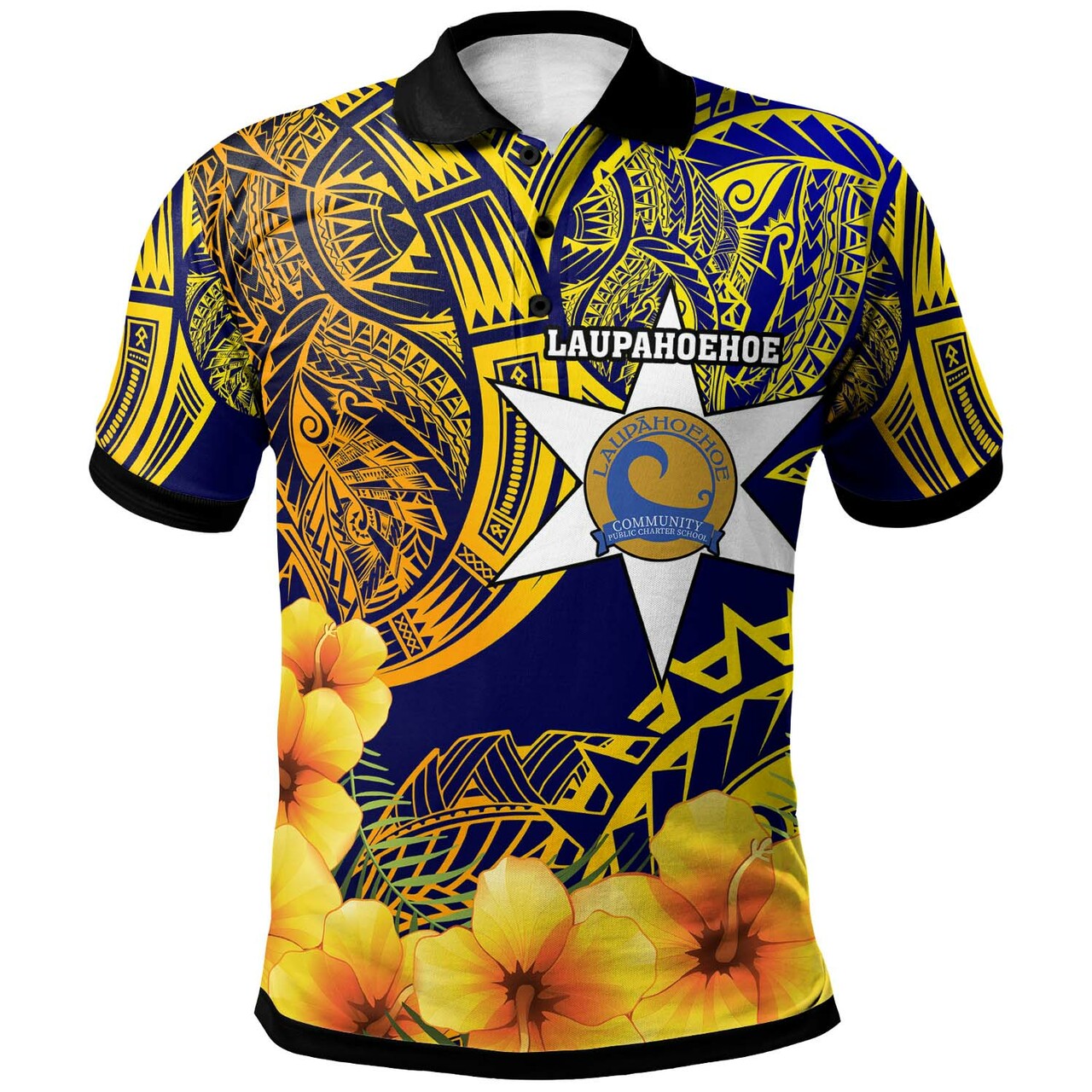 Hawaii Custom Polo Shirt Lauphoehoe Community Public Charter School with Polynesian and HIbicus Flower LT10 Yellow - Polynesian Pride