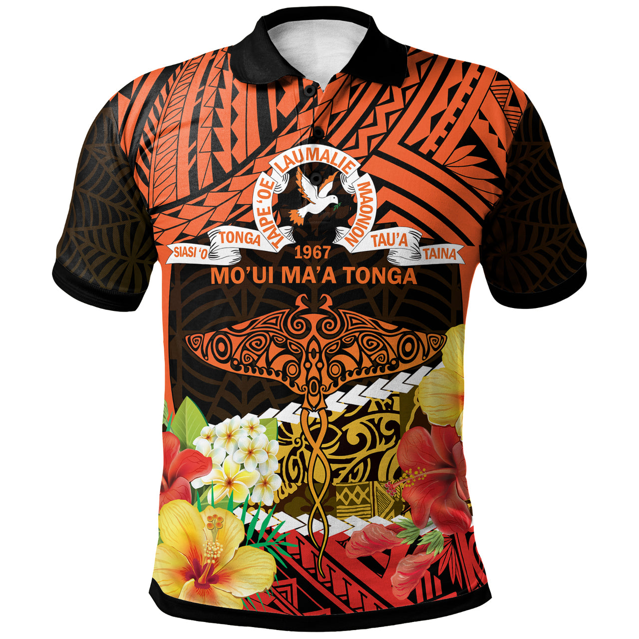 Tonga Custom Polo Shirt Tailulu College Polynesian with Flower and Tonga Pattern LT10 Orange - Polynesian Pride