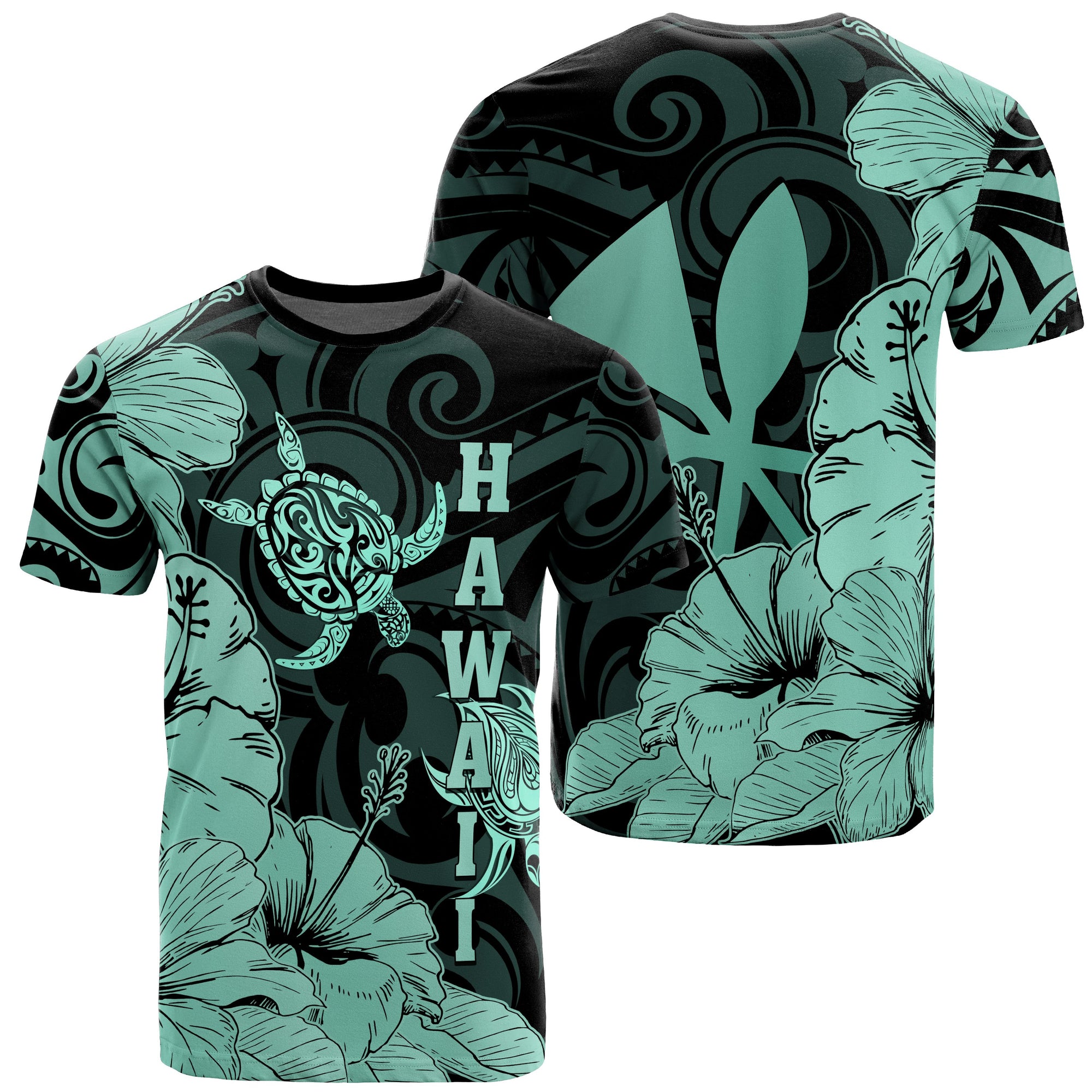 Hawaii Turtle T Shirt Polynesian Hibiscus Art Ver 2.0 Turquoise Unisex Turquoise - Polynesian Pride