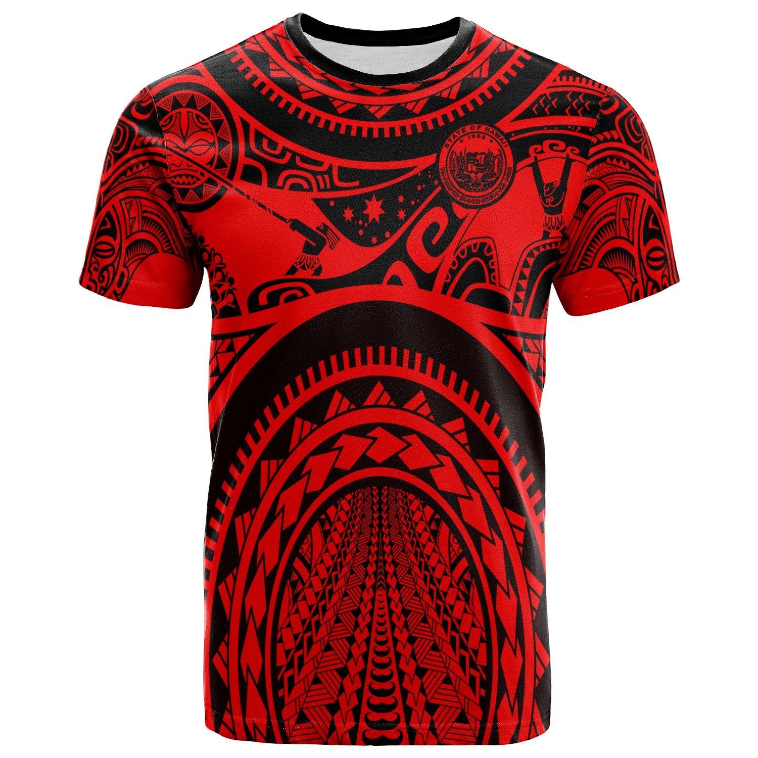 Hawaii T Shirt Coat of Arm Hawaii & Polynesian Patterns Maui Tattoo Unisex Red - Polynesian Pride