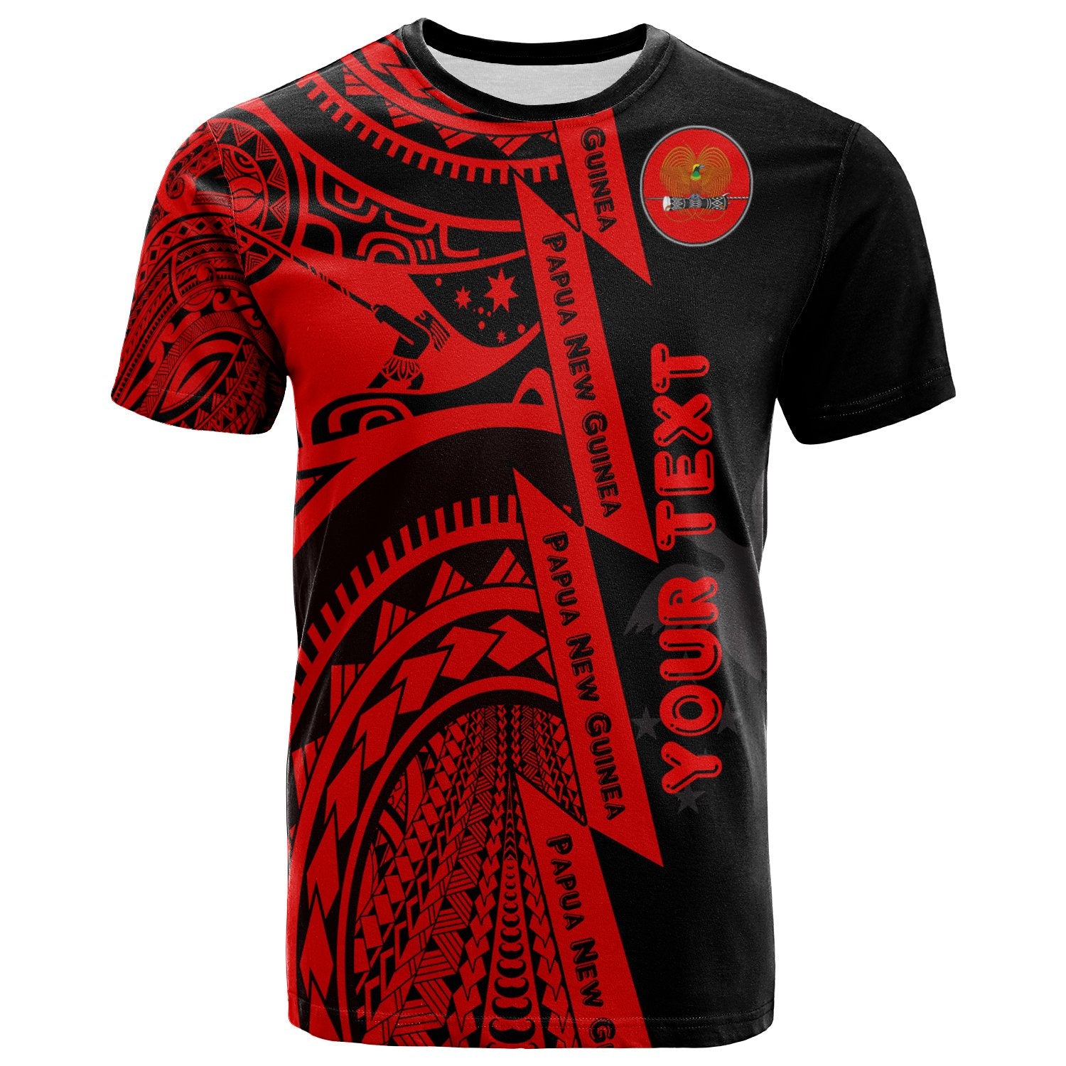 Custom Polynesian Guinea T Shirt Moana Maui Tattoo With Coat of Arm Guinea(Red) Unisex Red - Polynesian Pride