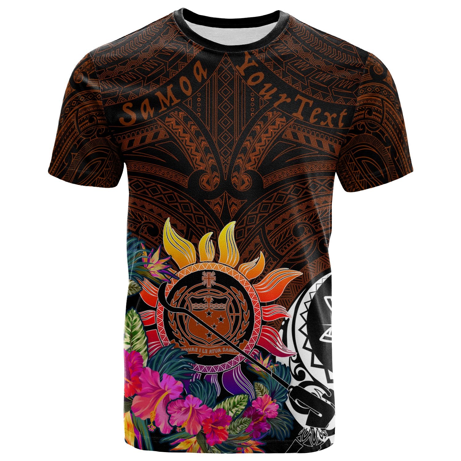 Custom Polynesian T Shirt Coat of Arm with Flowers & Polynesian Patterns Unisex Brown - Polynesian Pride