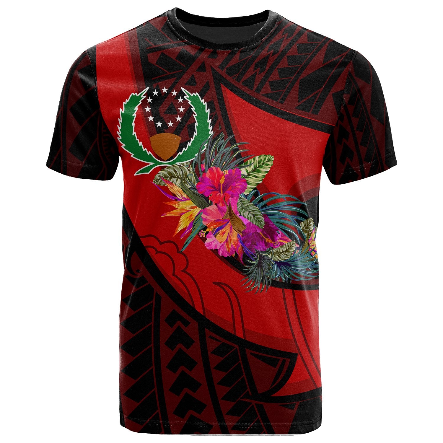 Pohnpei T Shirt Polynesian Hook And Hibiscus (Red) Unisex Red - Polynesian Pride