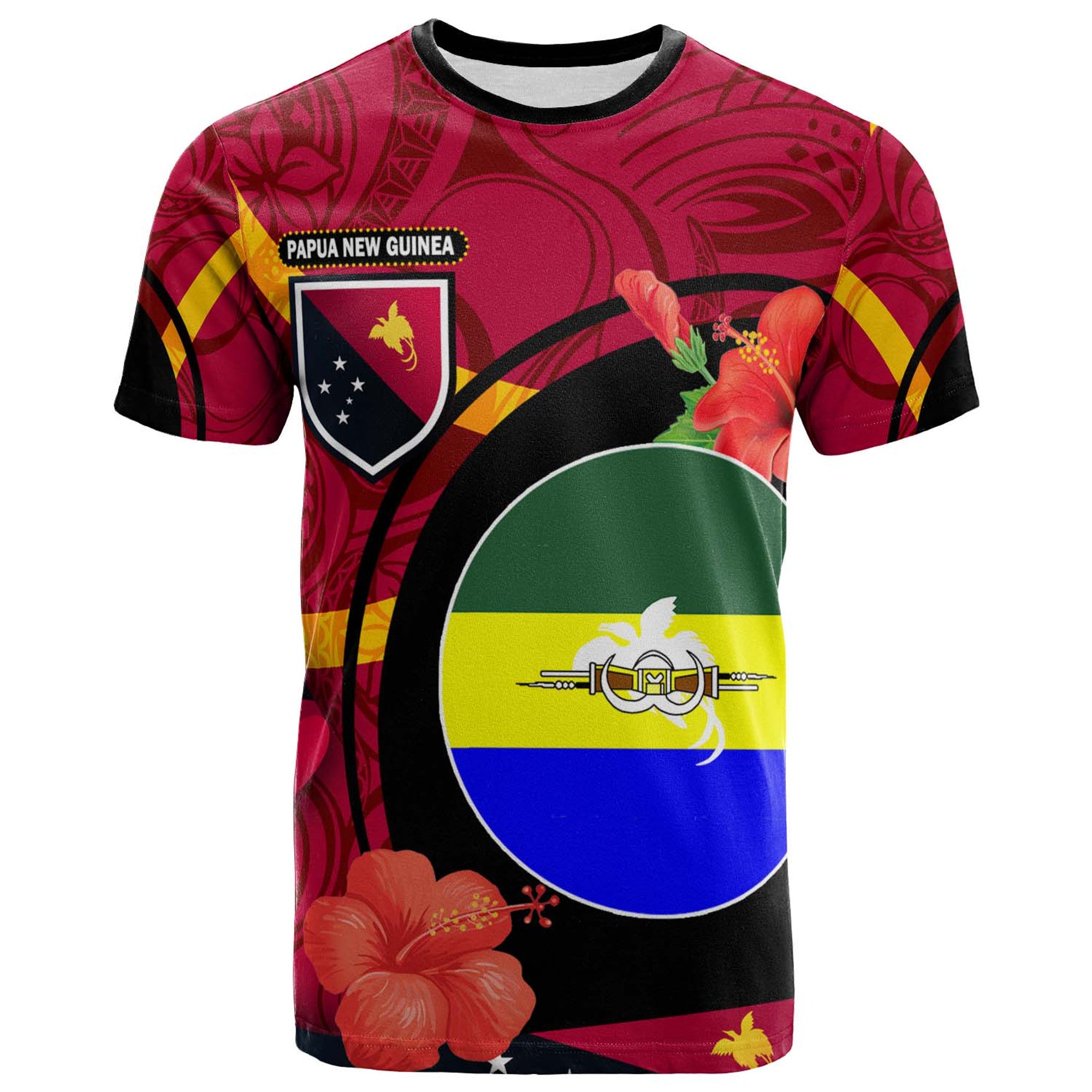 Papua New Guinea T Shirt Morobe Flag of PNG with Hibicus and Polynesian Culture T Shirt Art - Polynesian Pride