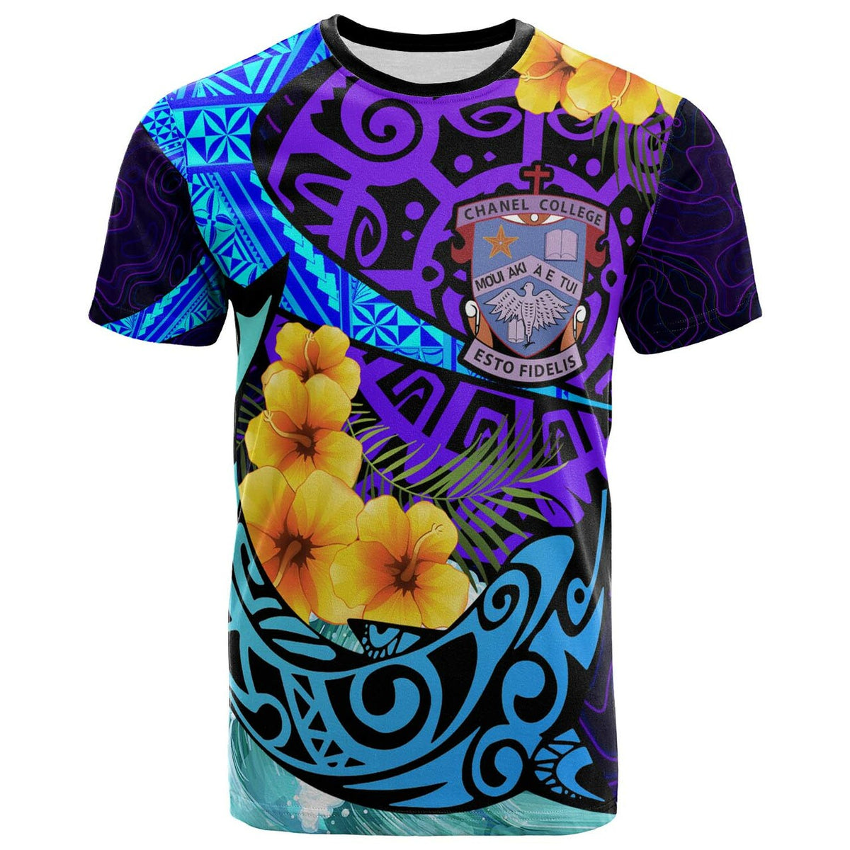 Tonga Custom T Shirt Chanel College with Polynesian Pattern Style and Flower LT10 Blue - Polynesian Pride