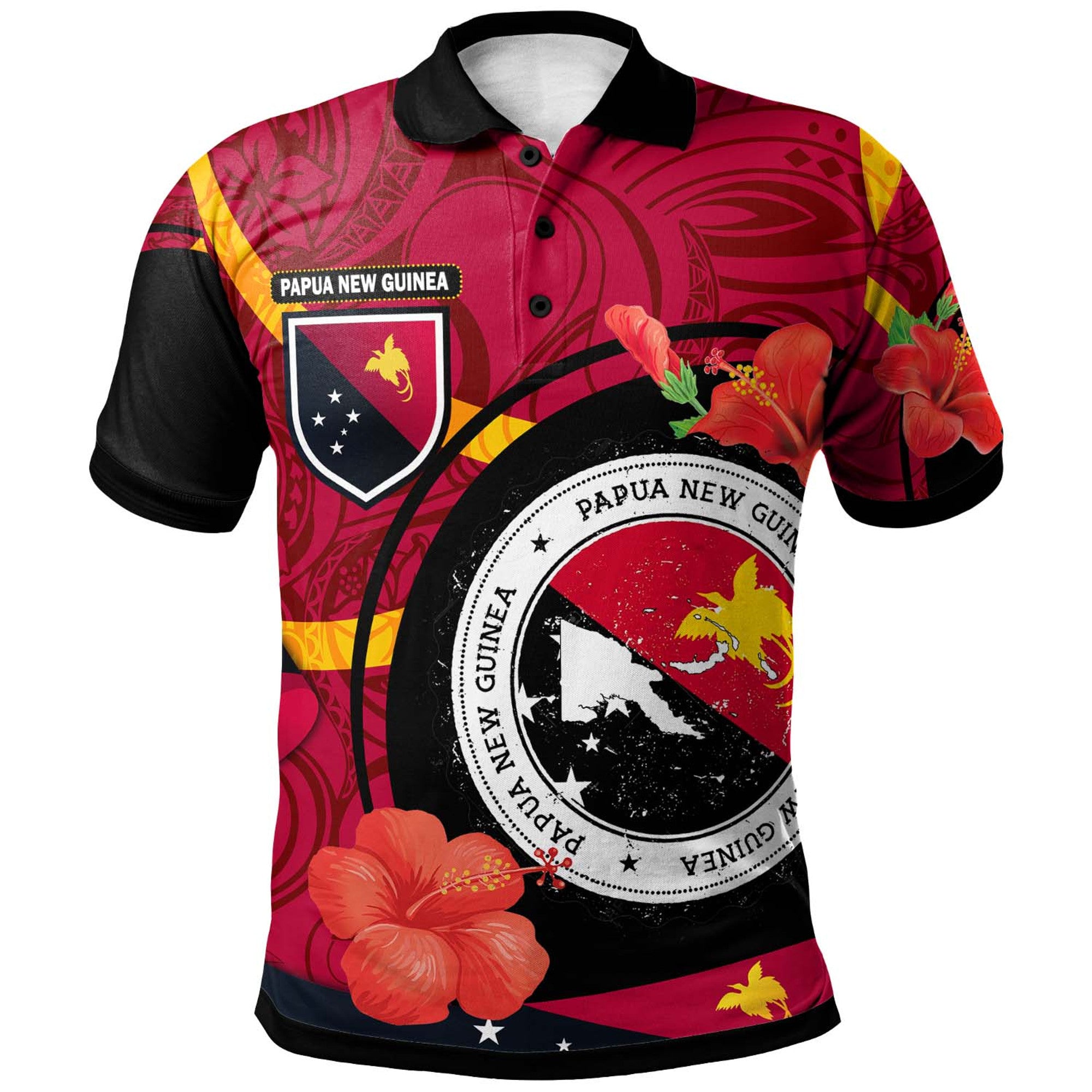 Papua New Guinea Polo Shirt Custom Papua New Guinea Flag with Hibicus Polynesian Patterns Polo Shirt Art - Polynesian Pride