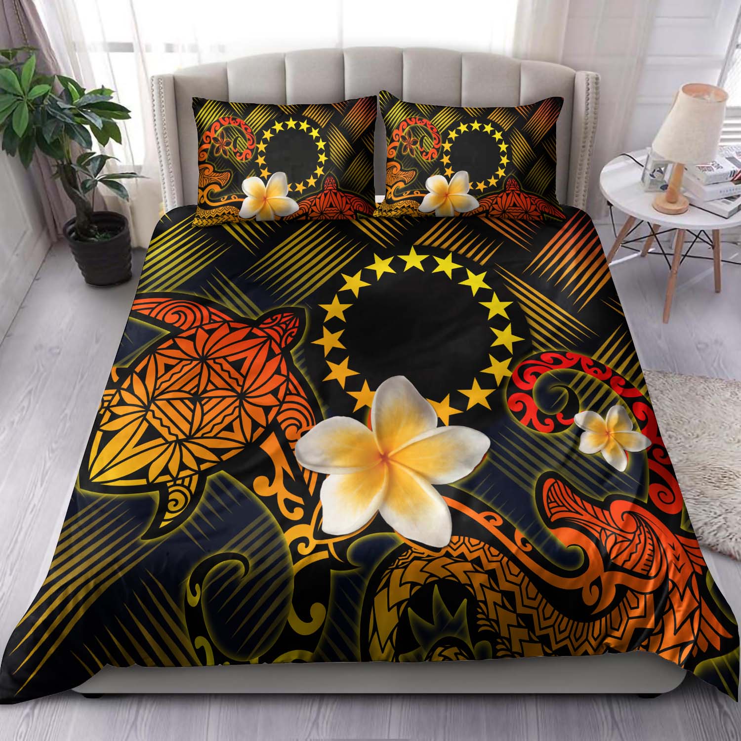 Cook Islands Polynesian Bedding Set - Lauhala Turtle Plumeria Tropical Black - Polynesian Pride