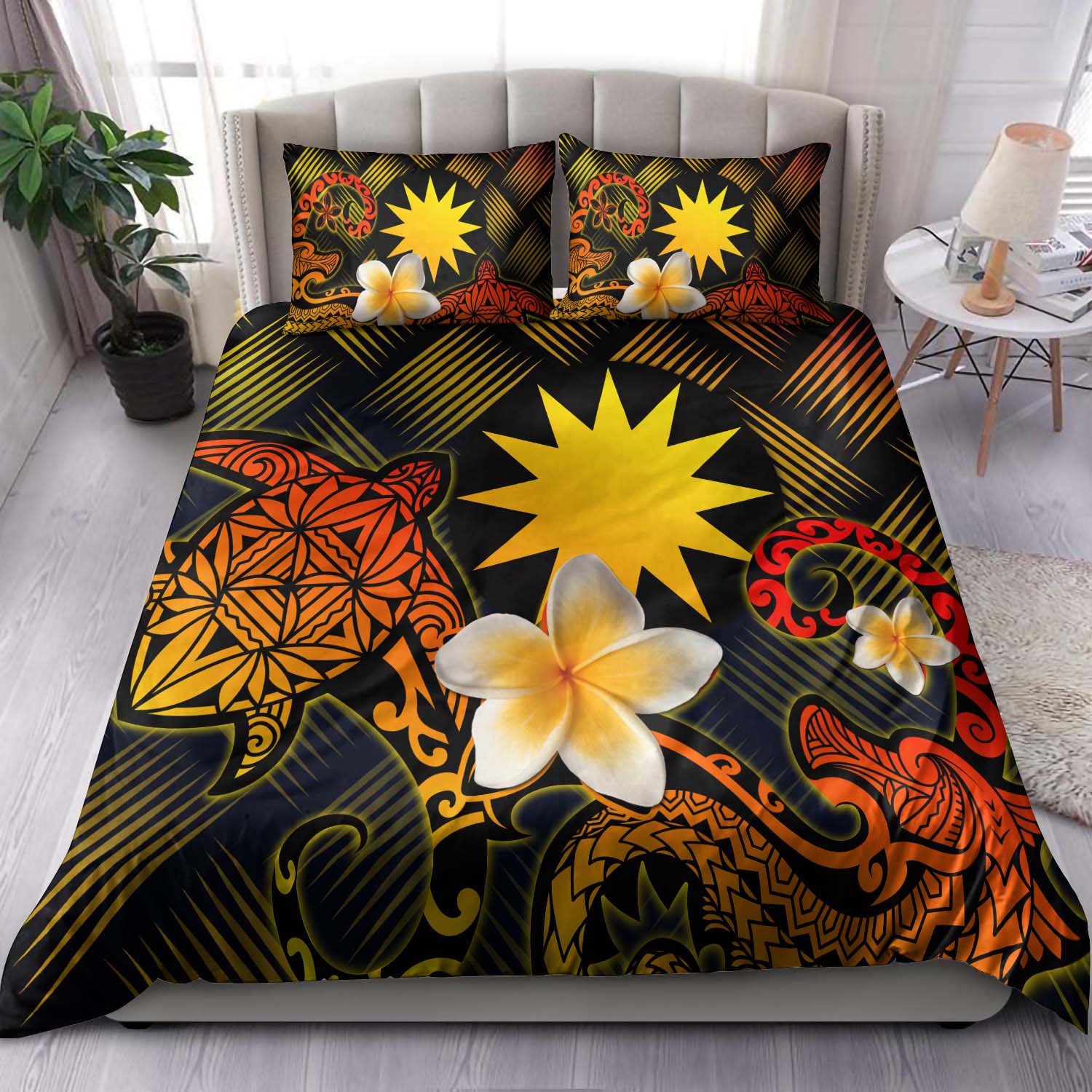 Nauru Polynesian Bedding Set - Lauhala Turtle Plumeria Tropical Black - Polynesian Pride