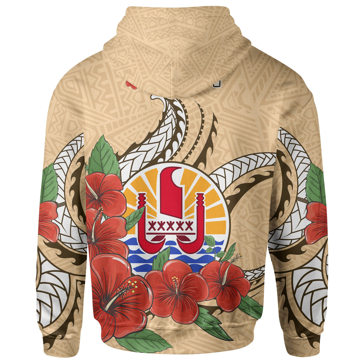 Tahiti Polynesian Zip up Hoodie Hibiscus Coat of Arm Beige - Polynesian Pride