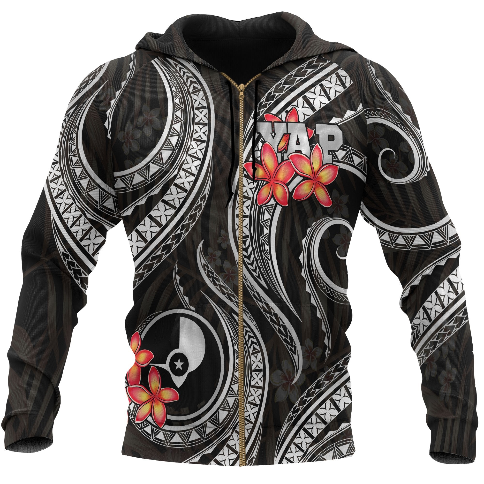 Yap Micronesian Zip up Hoodie Black Plumeria Unisex BLACK - Polynesian Pride