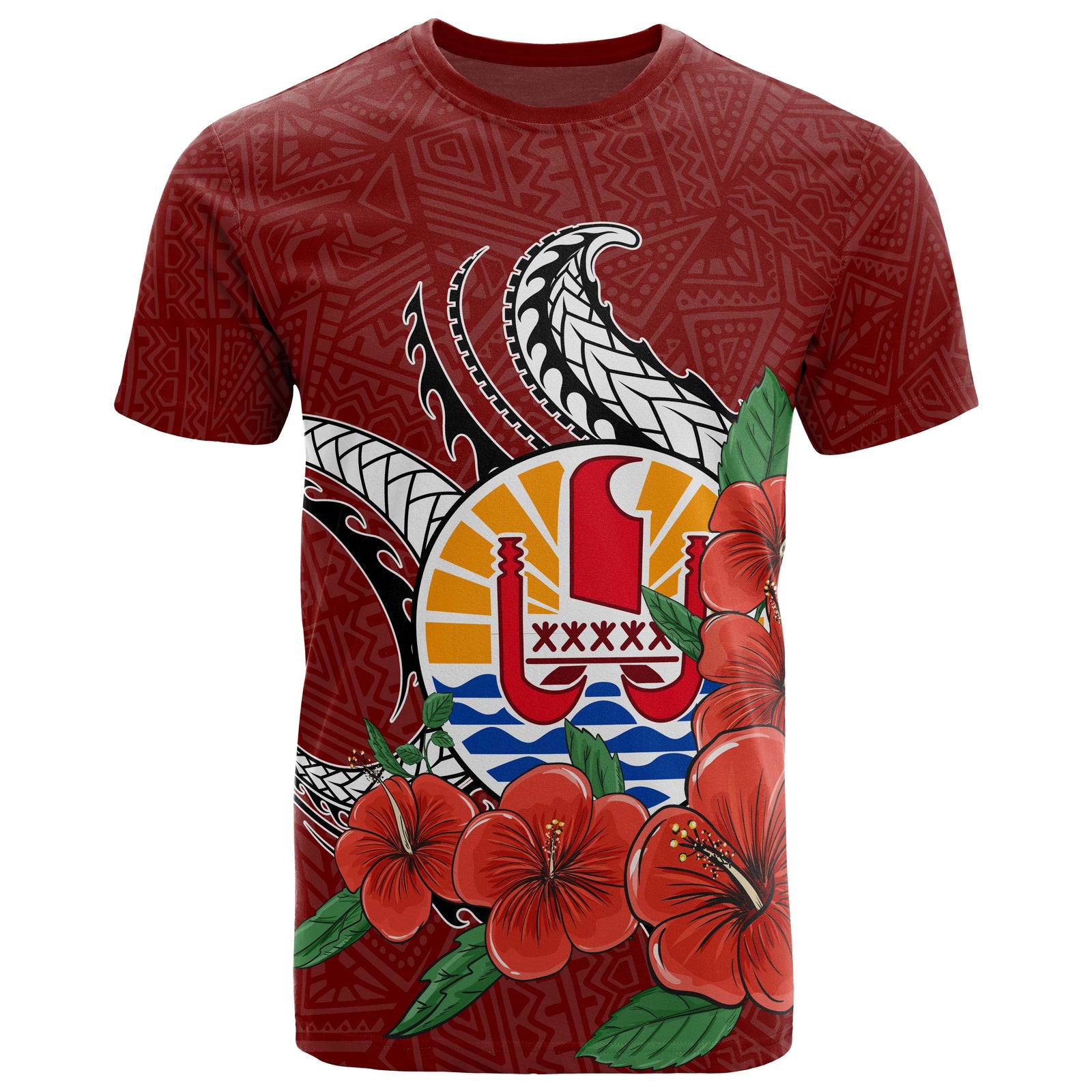 Tahiti Polynesian T Shirt Hibiscus Coat of Arm Red Unisex RED - Polynesian Pride