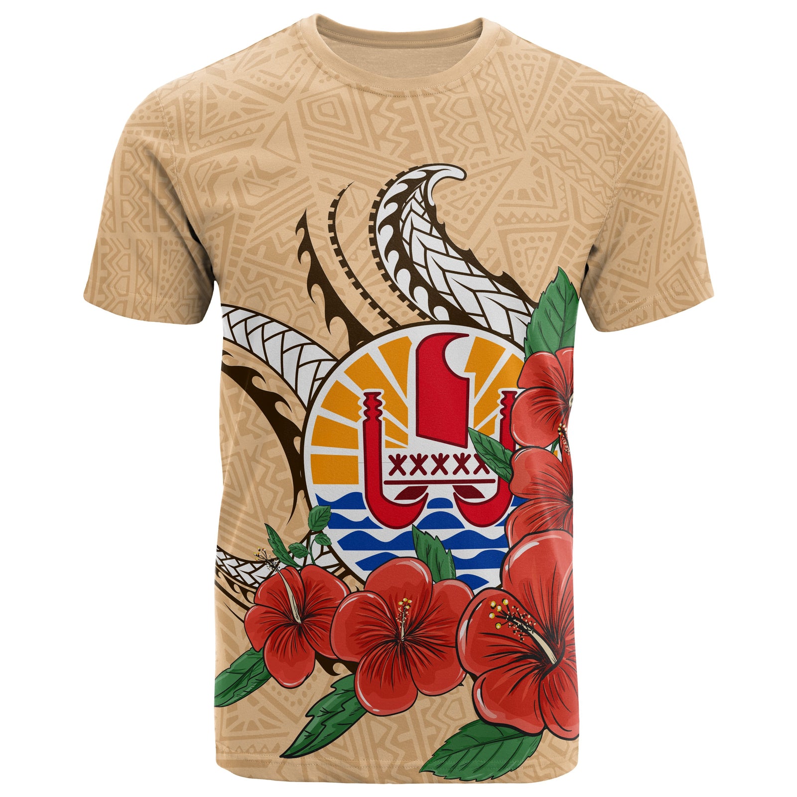 Tahiti Polynesian T Shirt Hibiscus Coat of Arm Beige Unisex BEIGE - Polynesian Pride
