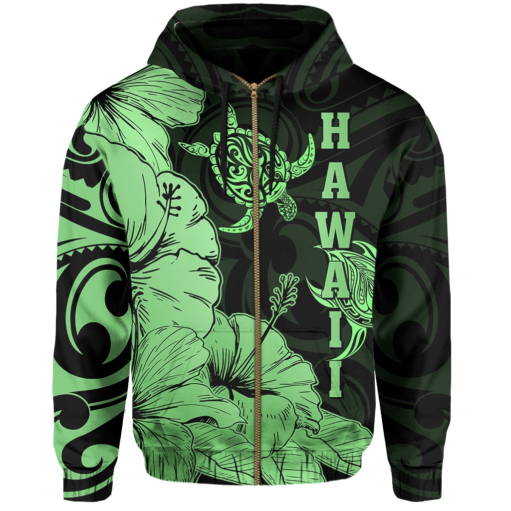 Hawaii Turtle Hoodie (Zipper) Polynesian Hibiscus Art Ver 2.0 Green - Polynesian Pride