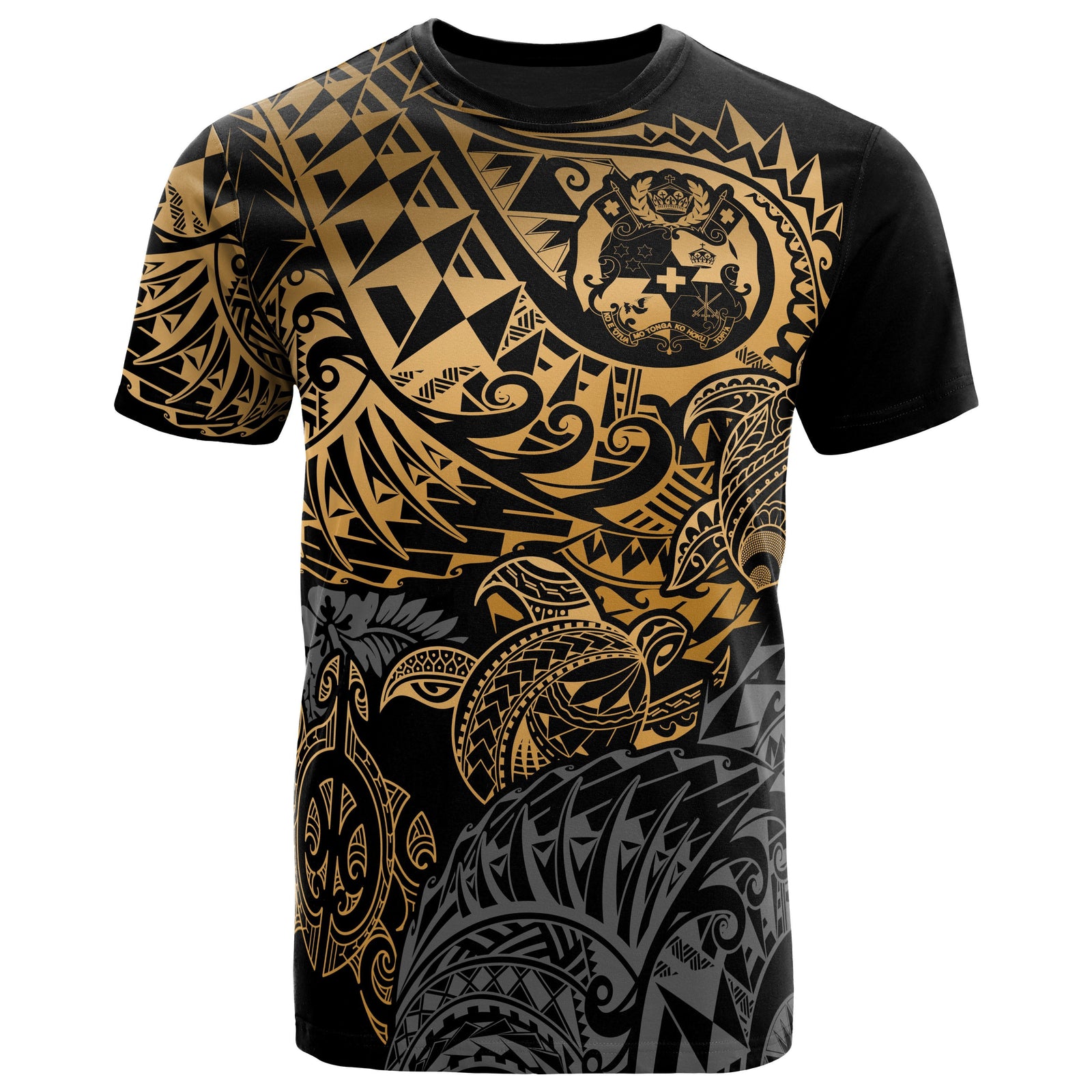 Tonga Polynesian T Shirt Tonga Coat of Arms Gold Turtle Flowing Unisex Gold - Polynesian Pride