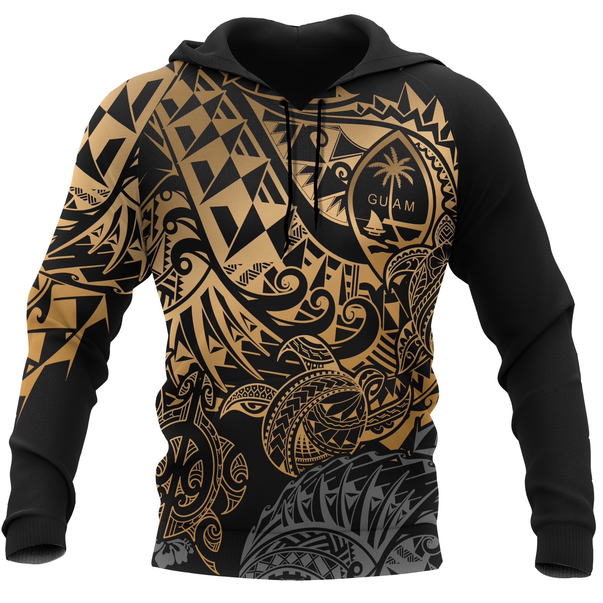 Guam Polynesian Hoodie Gold Turtle Flowing Unisex Gold - Polynesian Pride