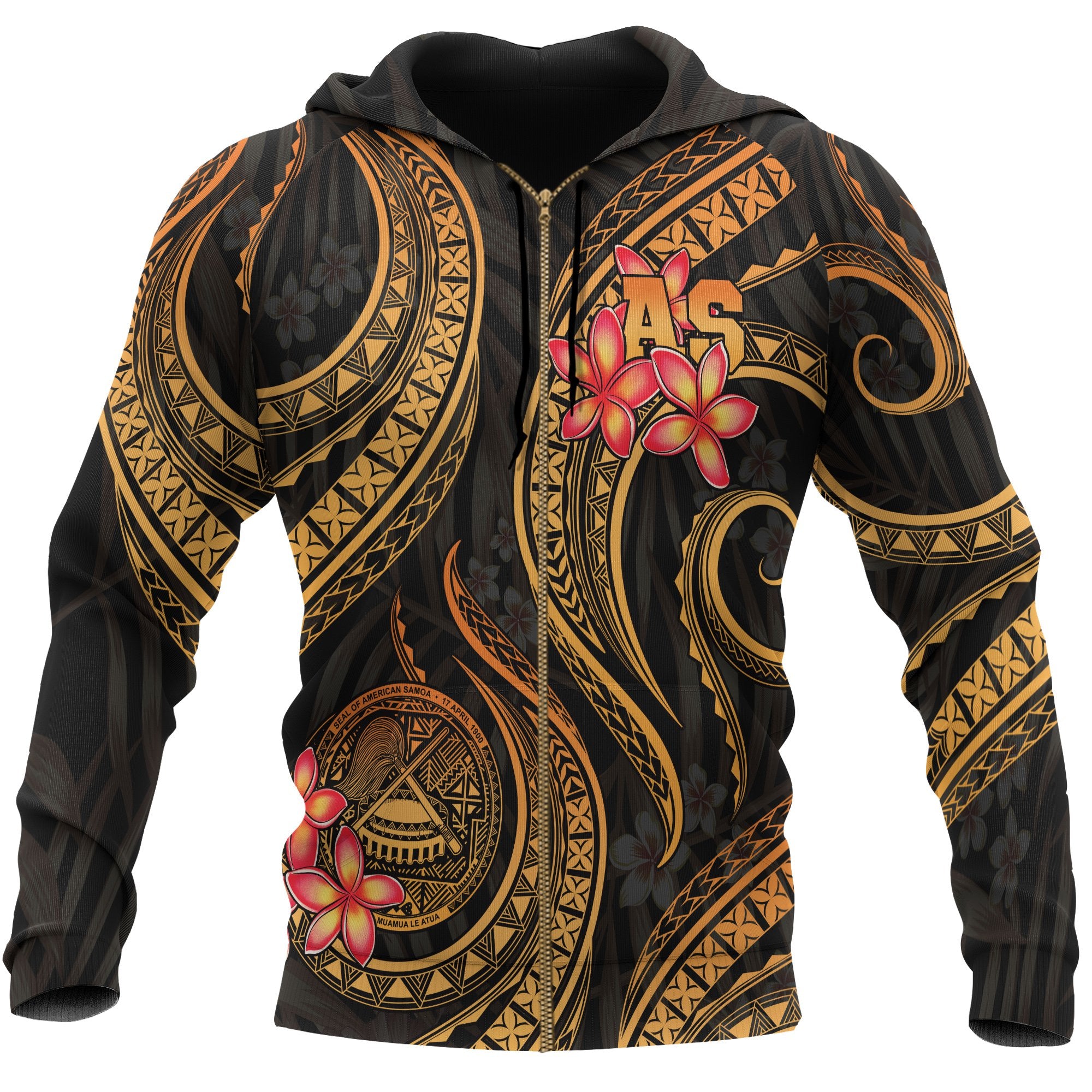 American Samoa Polynesian Zip up Hoodie Gold Plumeria Unisex GOLD - Polynesian Pride