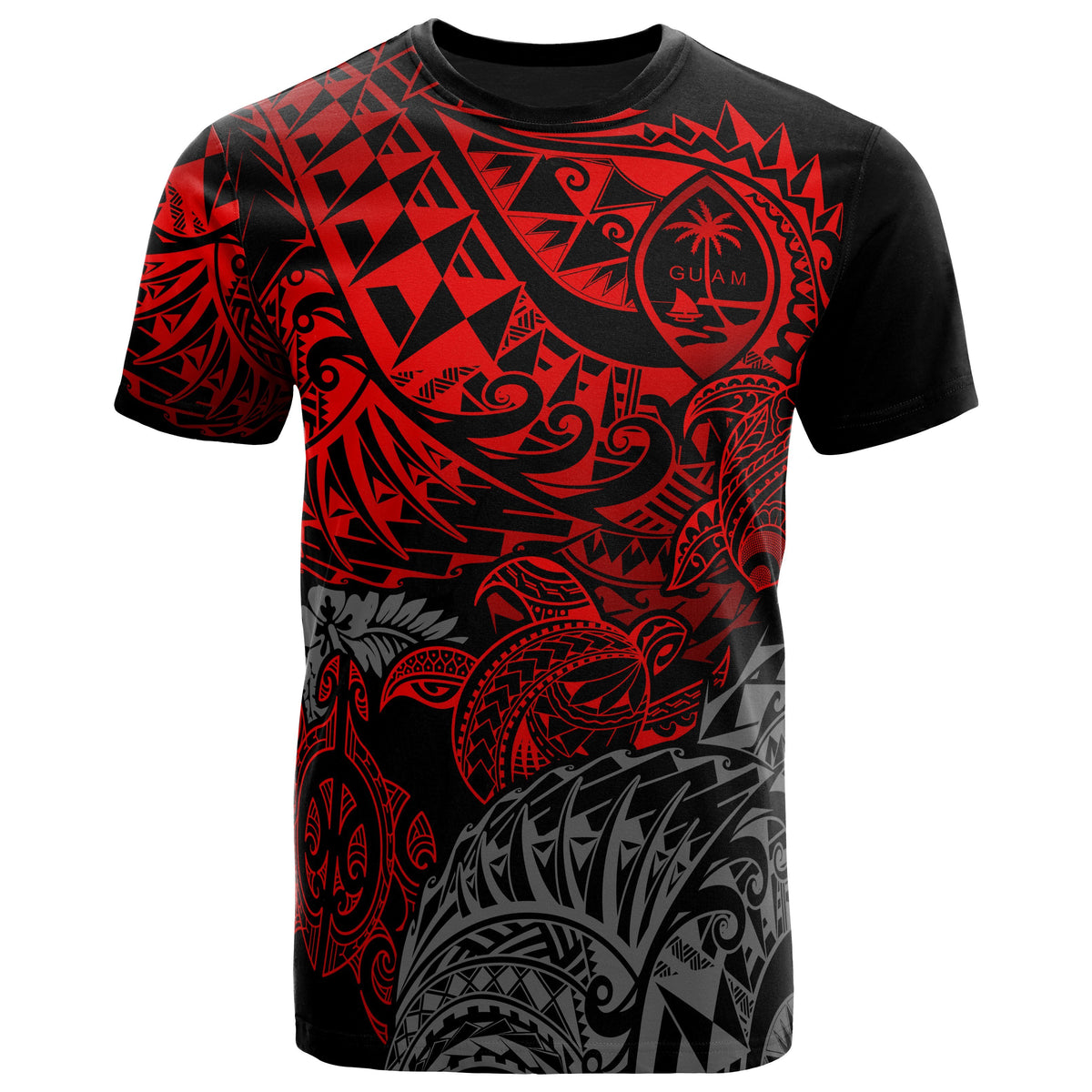 Guam Polynesian T Shirt Guam Coat of Arms Red Turtle Flowing Unisex Red - Polynesian Pride