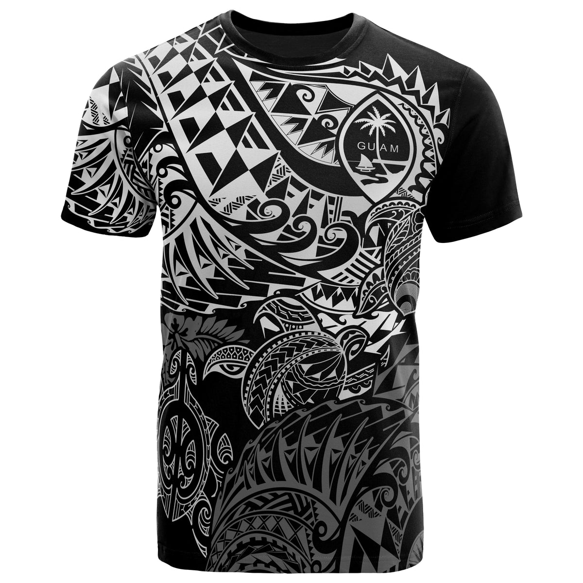 Guam Polynesian T Shirt Guam Coat of Arms White Turtle Flowing Unisex White - Polynesian Pride