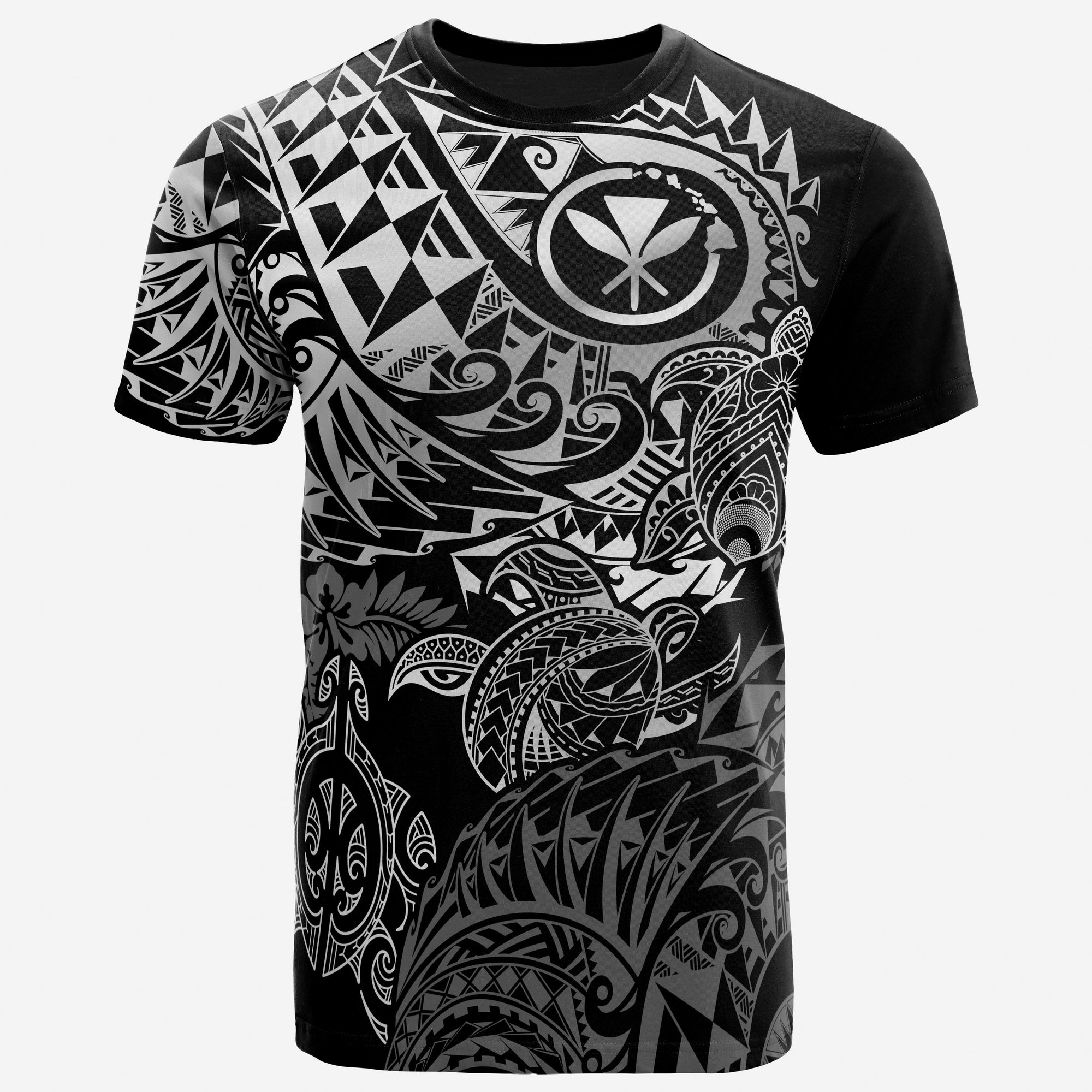 Hawaii T Shirt Polynesian White Black Kanaka Maoli Turtle Hibiscus Flowing Unisex BLACK - Polynesian Pride