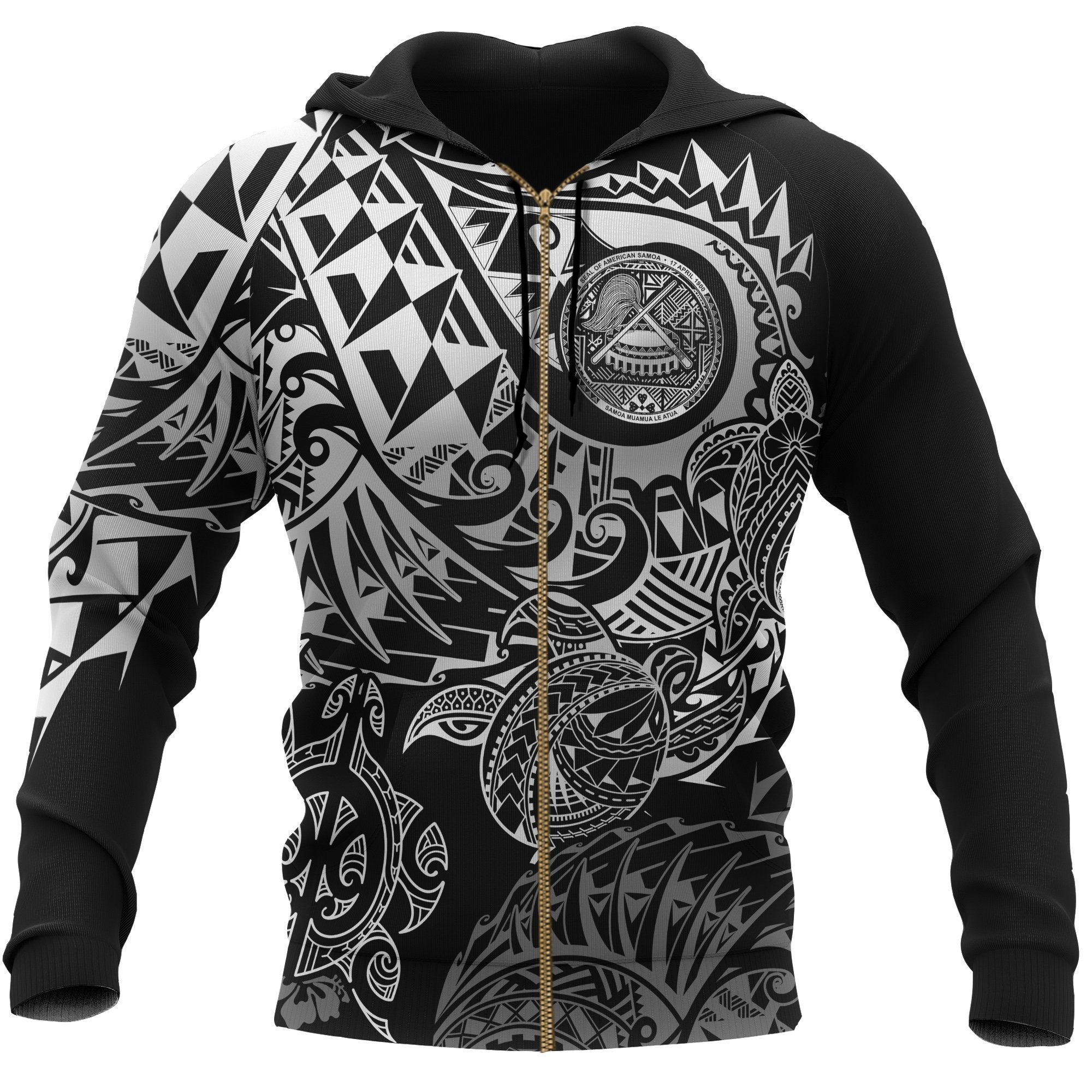 American Samoa Polynesian Zip up Hoodie White Turtle Hibiscus Flowing Unisex BLACK - Polynesian Pride