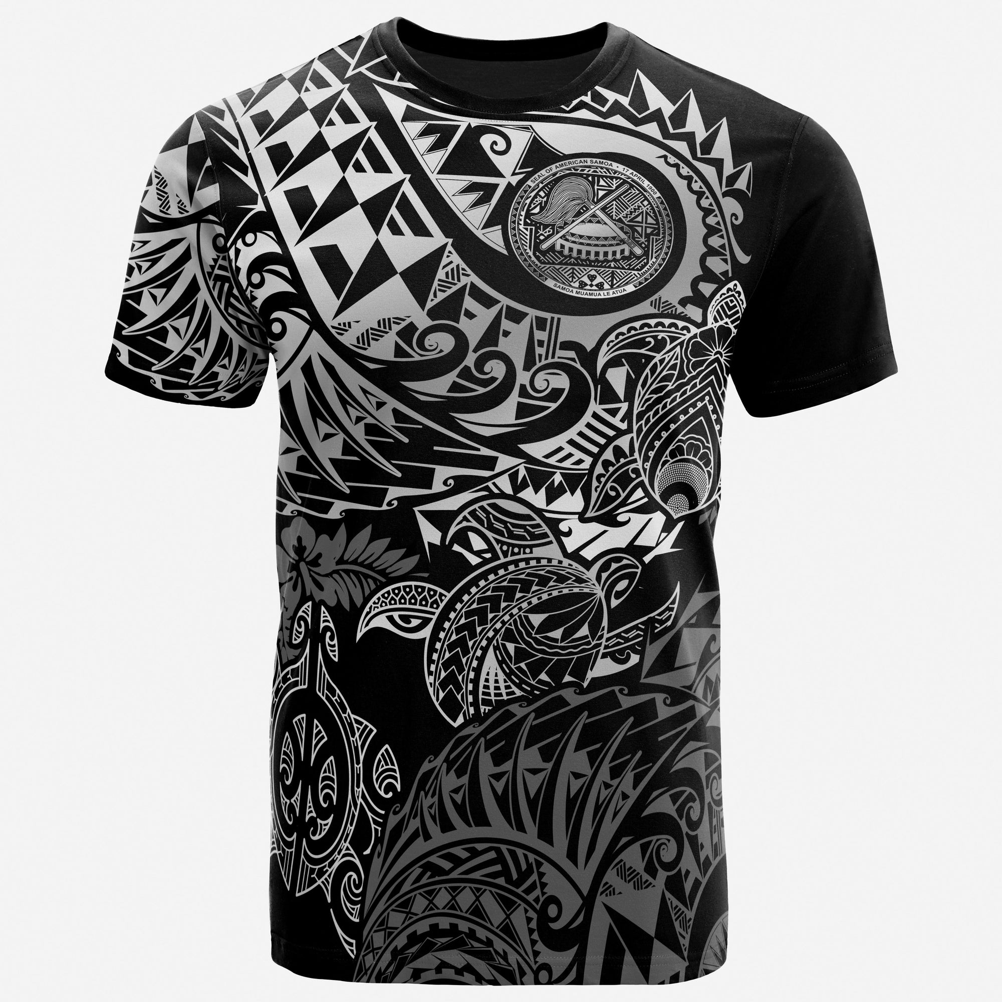 American Samoa T Shirt American Samoan Seal Polynesian White Turtle Tattoo Unisex BLACK - Polynesian Pride