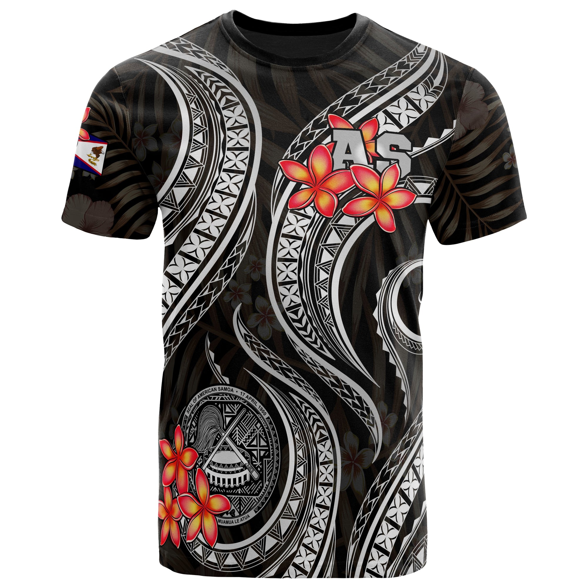 American Samoa Polynesian T Shirt Black Plumeria Unisex BLACK - Polynesian Pride