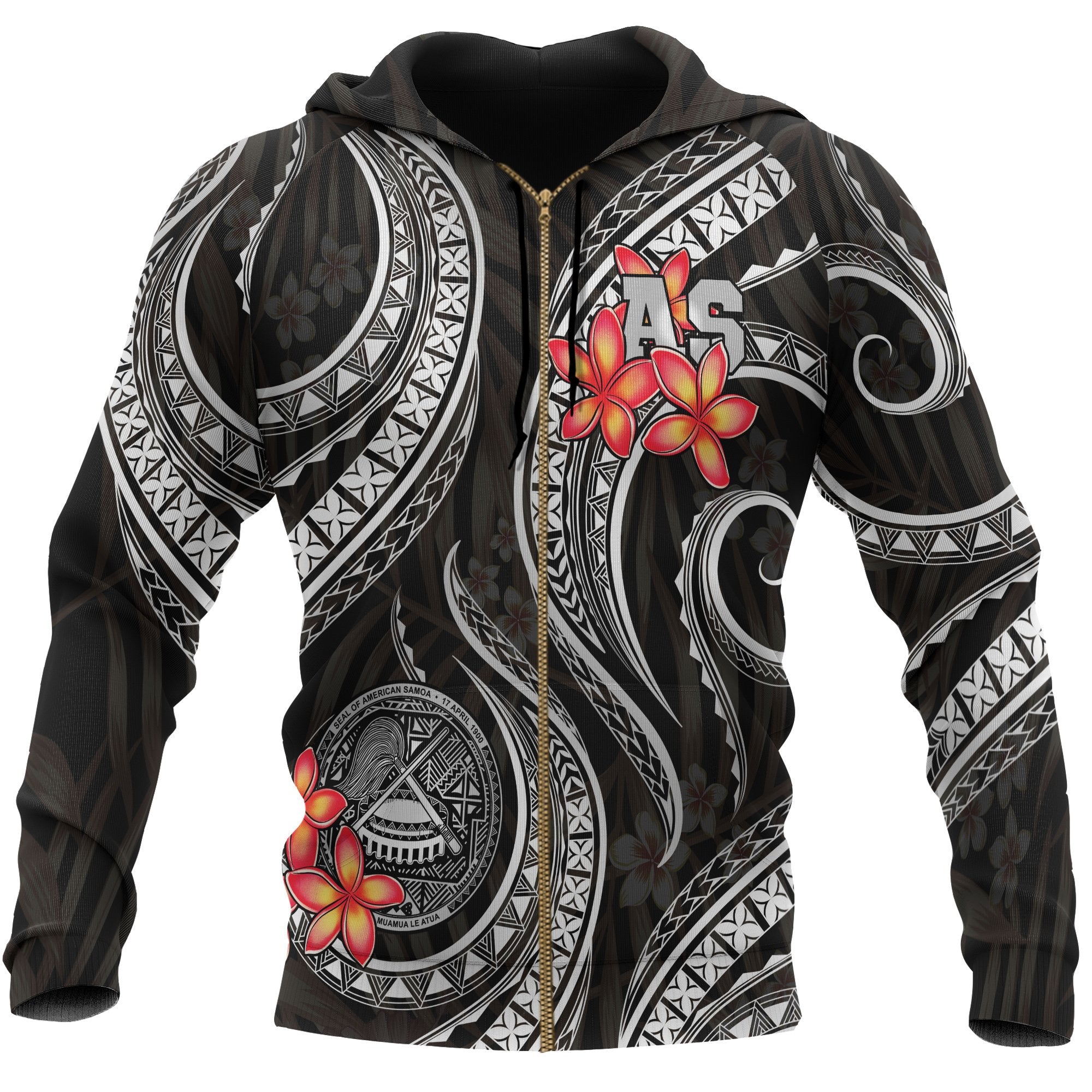 American Samoa Polynesian Zip up Hoodie Black Plumeria Unisex BLACK - Polynesian Pride