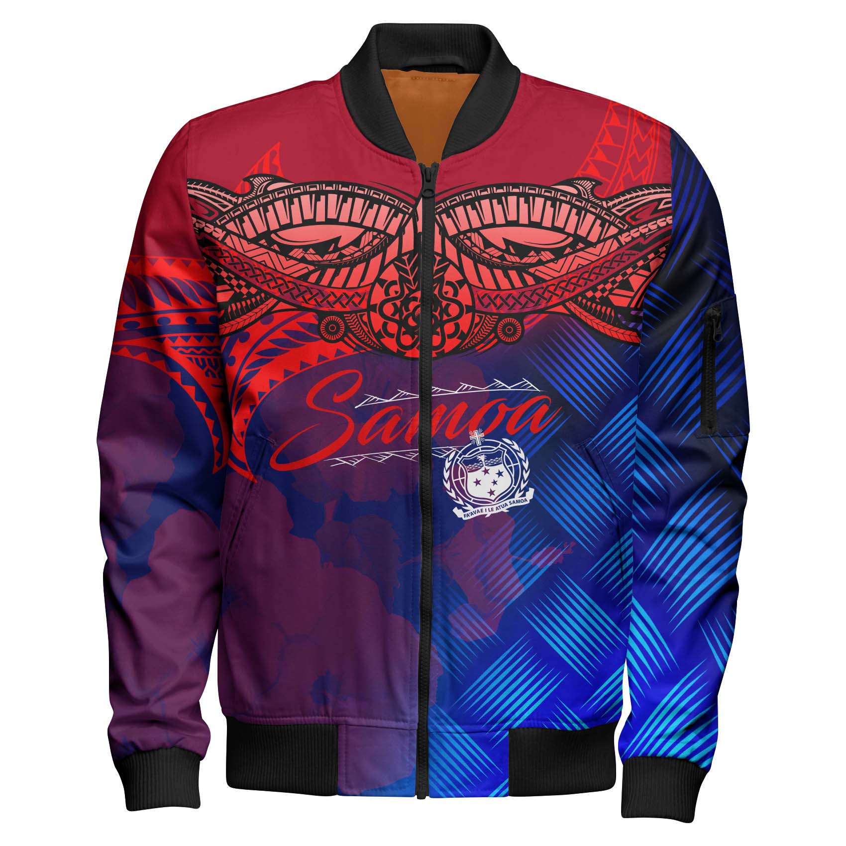 Samoa Polynesian Sleeve Zip Bomber Jacket - Samoa Coat Of Arms With Lauhala Tribal Pattern Unisex Blue - Polynesian Pride