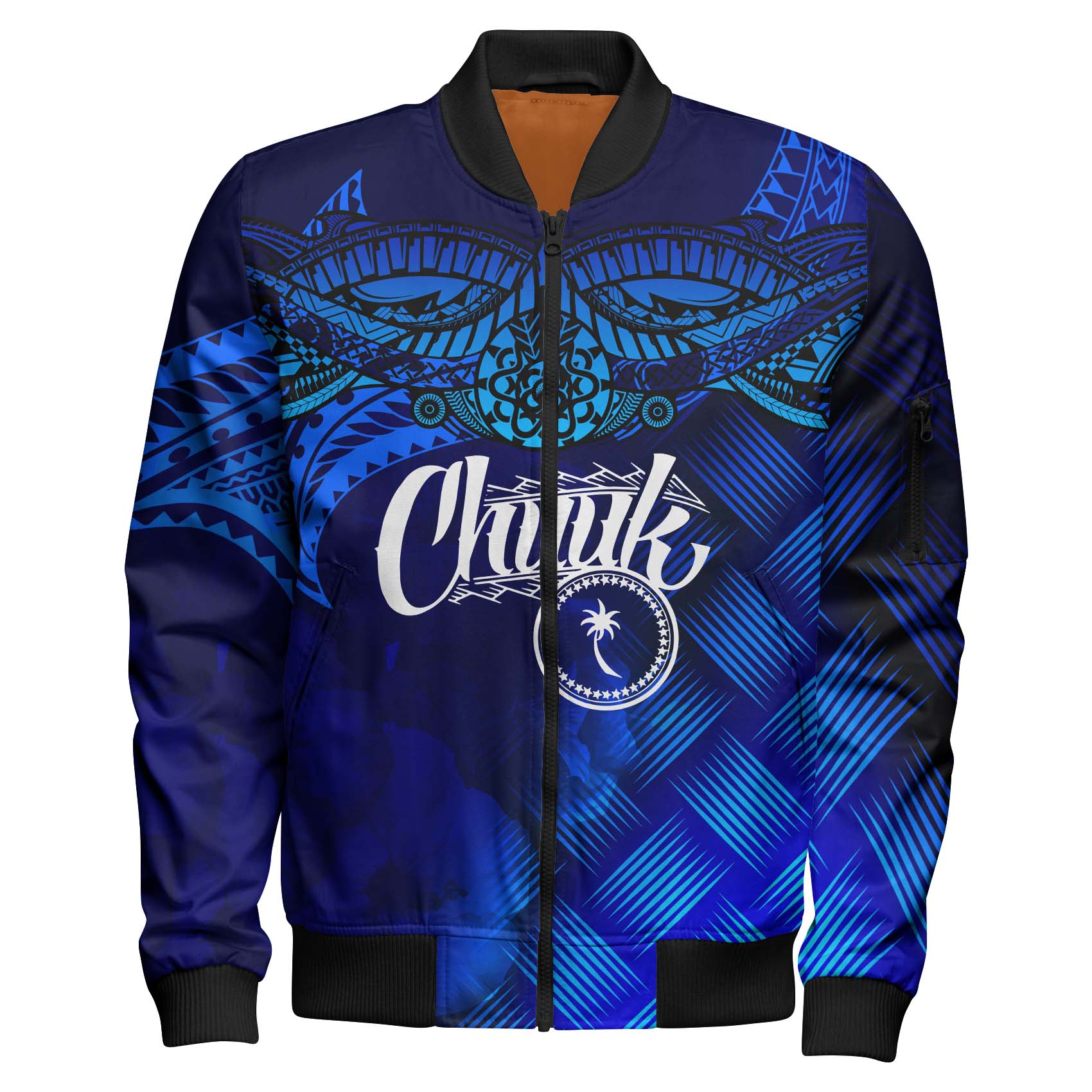 Chuuk Polynesian Sleeve Zip Bomber Jacket - Lauhala Coat Of Arms Unisex Blue - Polynesian Pride