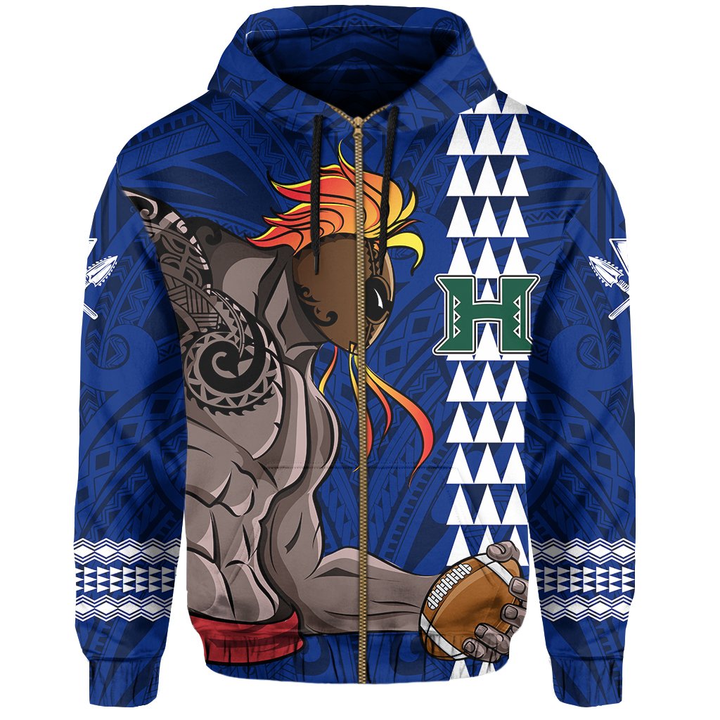 Polynesian Warrior Helmet Football Kanaka Kakau Hawaii Zip Hoodie Blue - Polynesian Pride