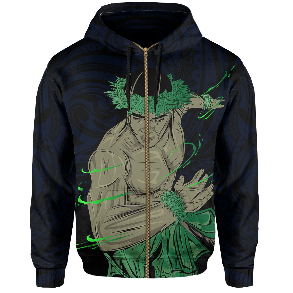 Polynesian Hula Man Helmet Hawaii Zip Hoodie Blue - Polynesian Pride
