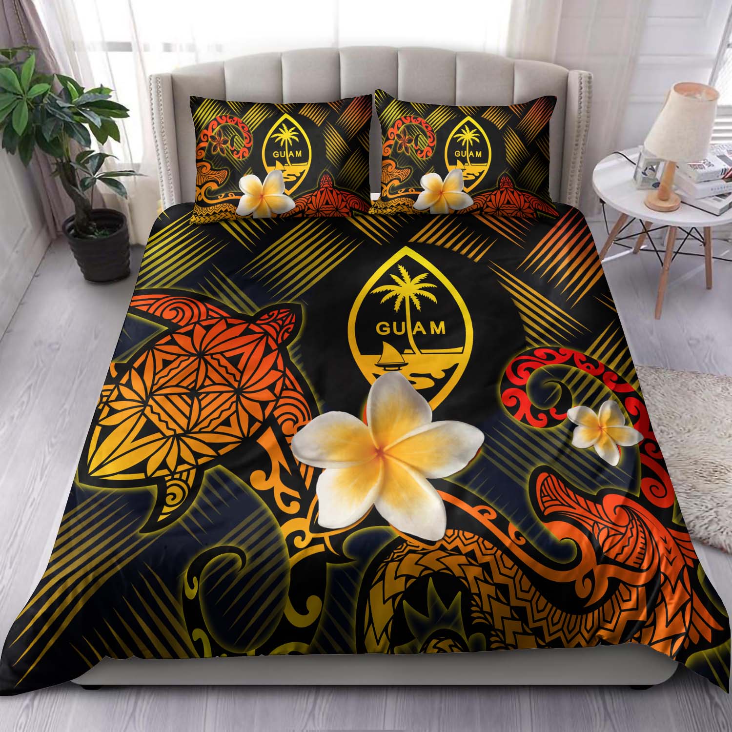 Guam Polynesian Bedding Set - Lauhala Turtle Plumeria Tropical Black - Polynesian Pride