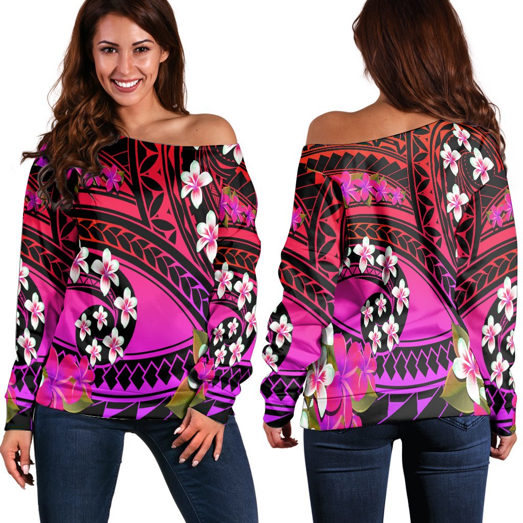 Hawaii Plumeria Polynesian Women Off Shoulder Sweater - Hope - Purple - AH Purple - Polynesian Pride