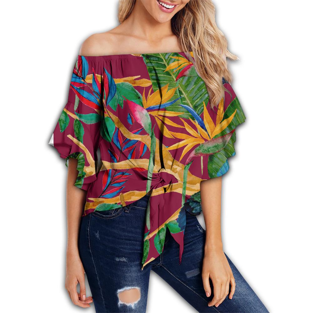 Hawaii Tropical Leaf Off Shoulder Waist Wrap Top - Power - AH Female Pink - Polynesian Pride