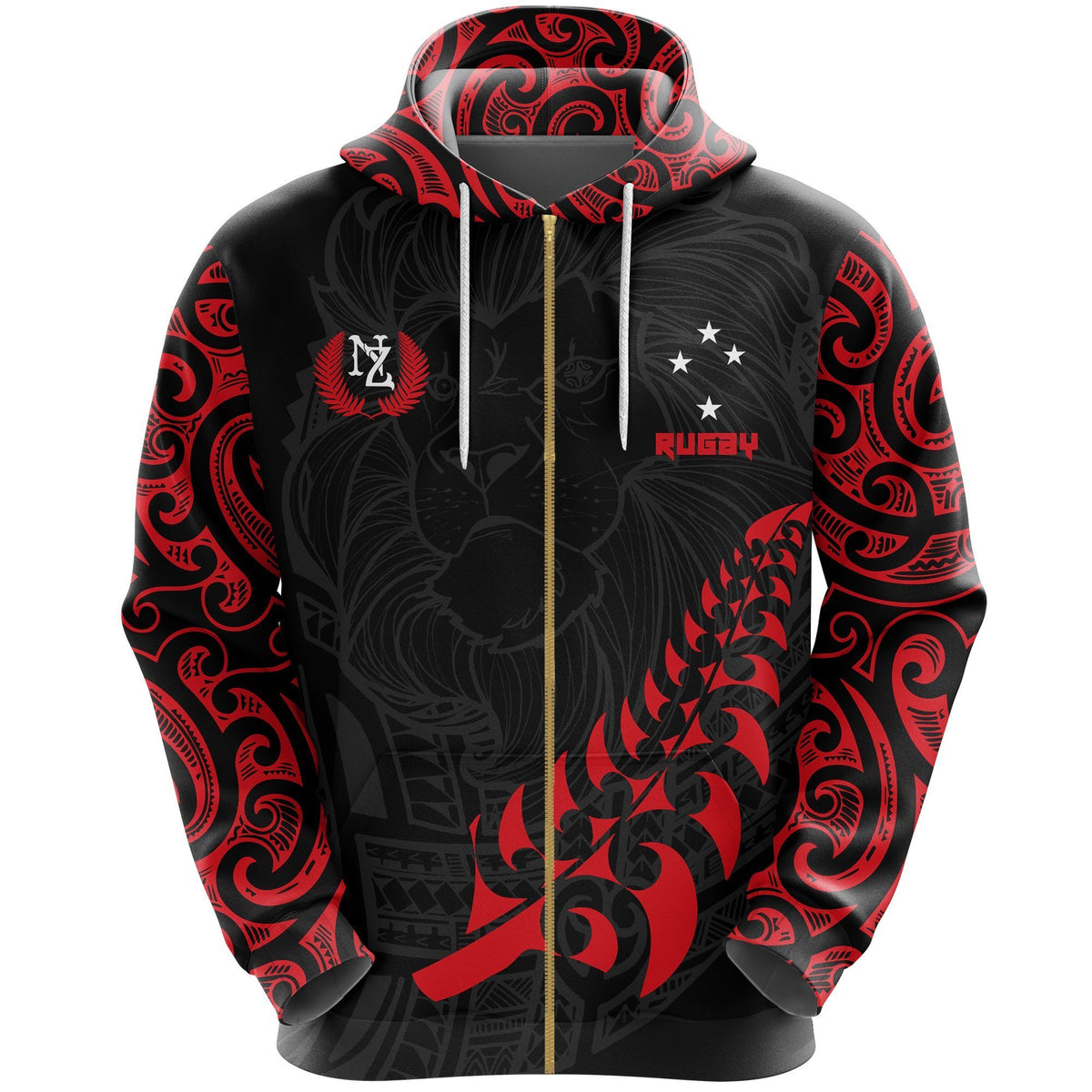 New Zealand Maori Lion Rugby Zip Hoodie Red Unisex Black - Polynesian Pride