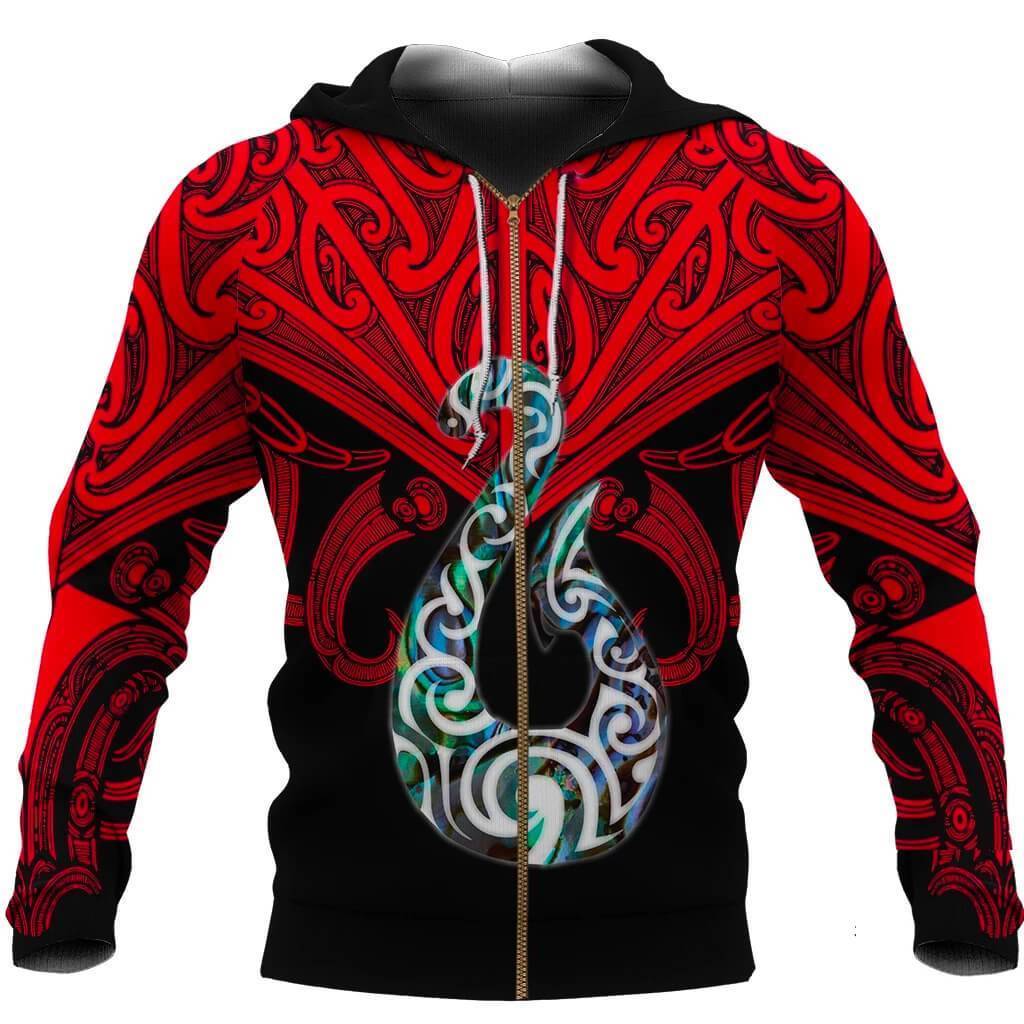 Maori Tattoo Zip Hoodie Hei Matau Abalone Red Unisex Red - Polynesian Pride