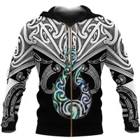 Maori Tattoo Zip Hoodie Hei Matau Abalone White Unisex White - Polynesian Pride