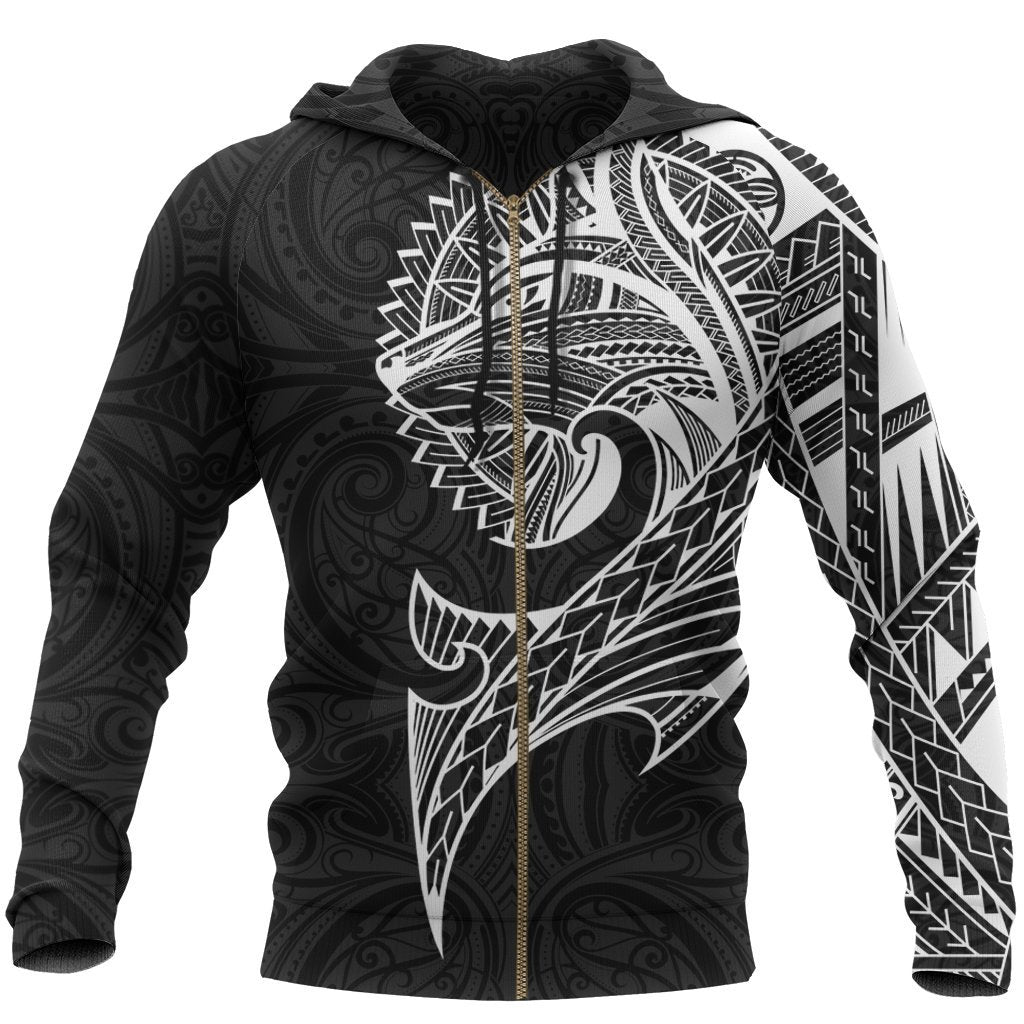 New Zealand Maori Zip Hoodie, Wolf Tattoo Full Zip Hoodie Unisex Black - Polynesian Pride