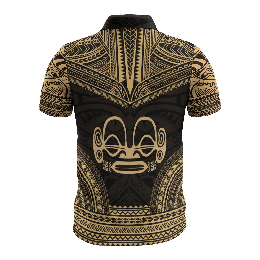 Marquesas Islands Polo Shirt Marquesas Islands Tiki Face Polynesian Chief Tattoo Gold Version - Polynesian Pride