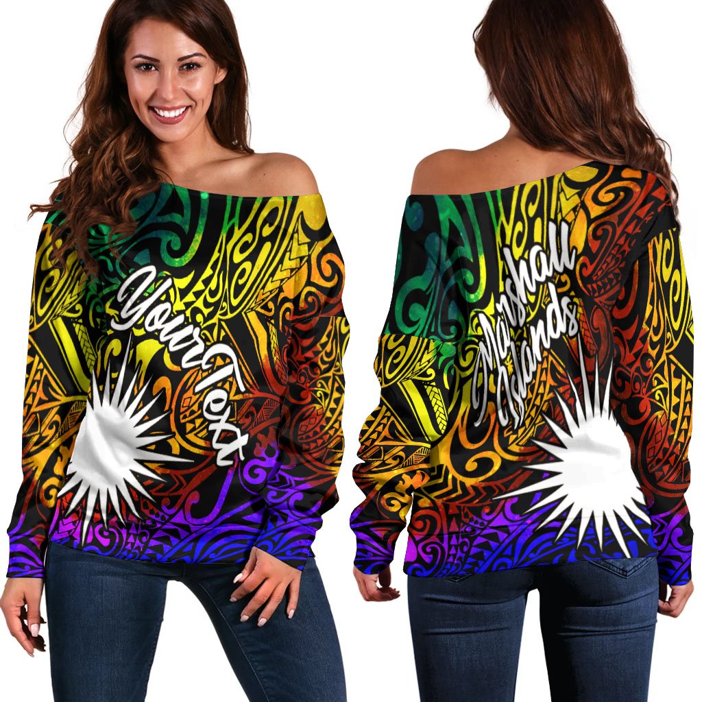 Marshall Islands Custom Personalised Women's Off Shoulder Sweater - Rainbow Polynesian Pattern Art - Polynesian Pride