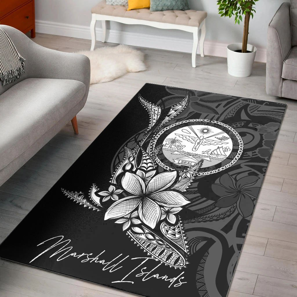 Marshall Islands Area Rug - Fish With Plumeria Flowers Style Black - Polynesian Pride