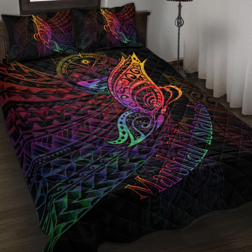 Marshall Islands Quilt Bed Set - Butterfly Polynesian Style Black - Polynesian Pride