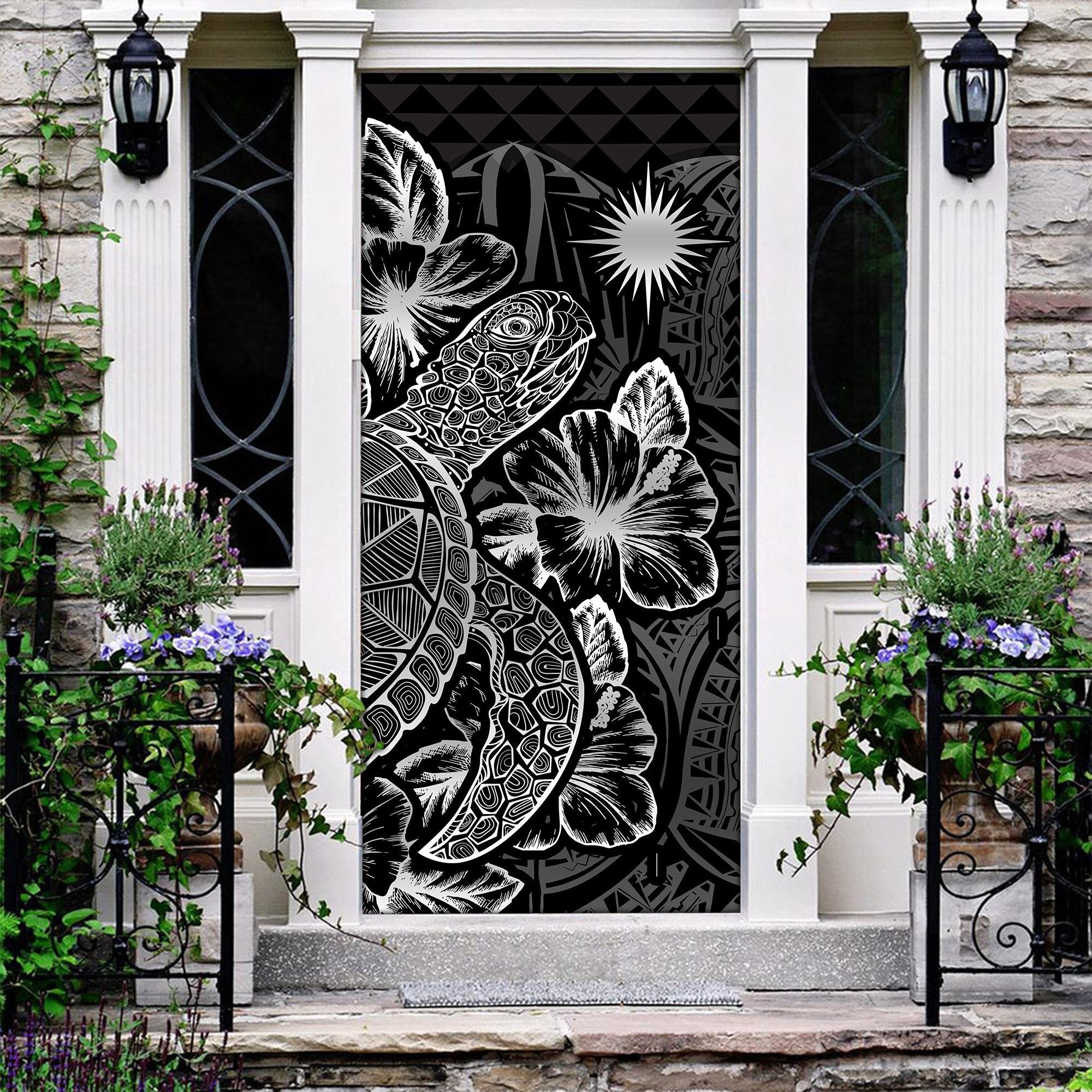 Marshall Islands Door Cover Turtle Hibiscus Black - Polynesian Pride