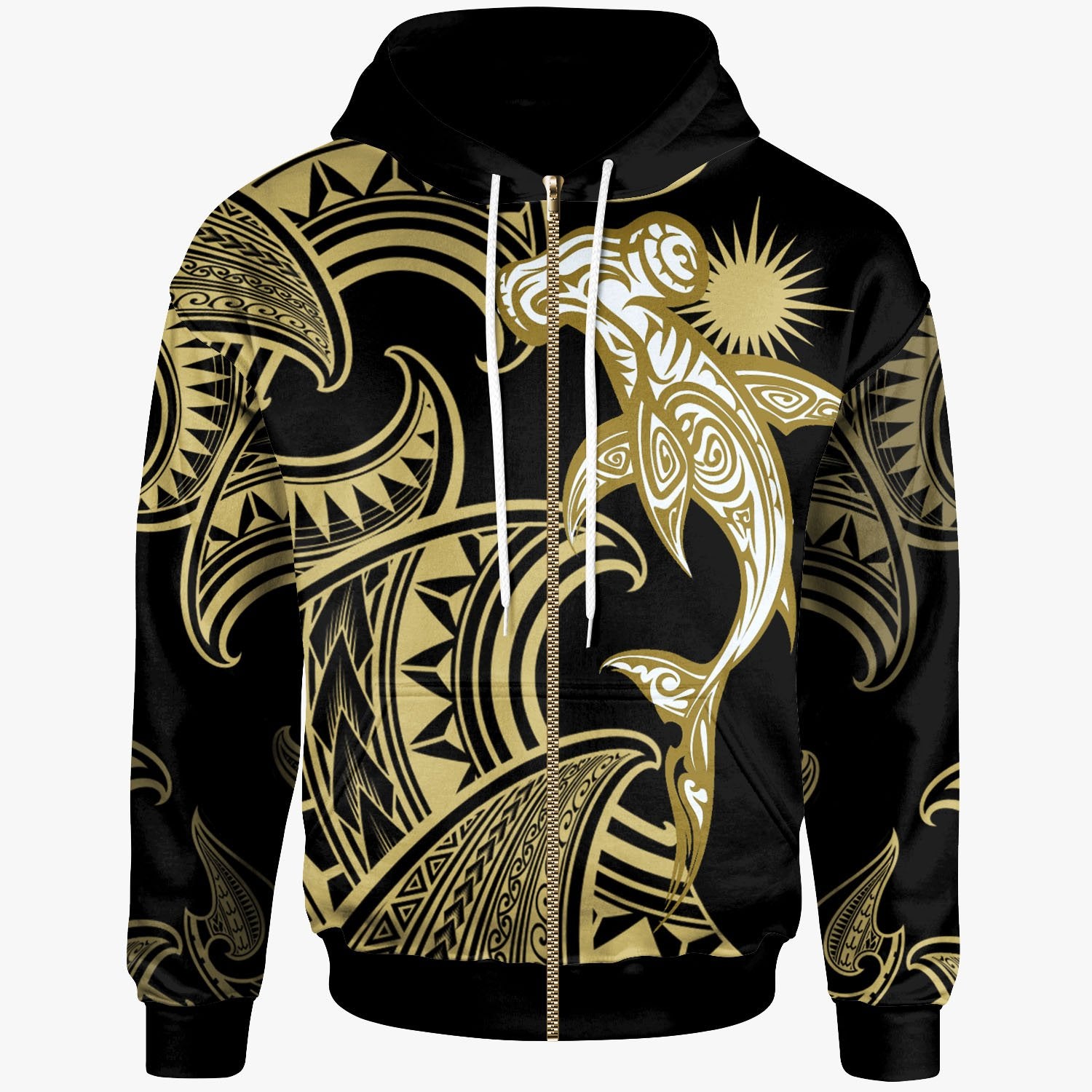 Marshall Islands Zip Hoodie Hammerhead Shark Tribal Pattern Unisex Gold - Polynesian Pride